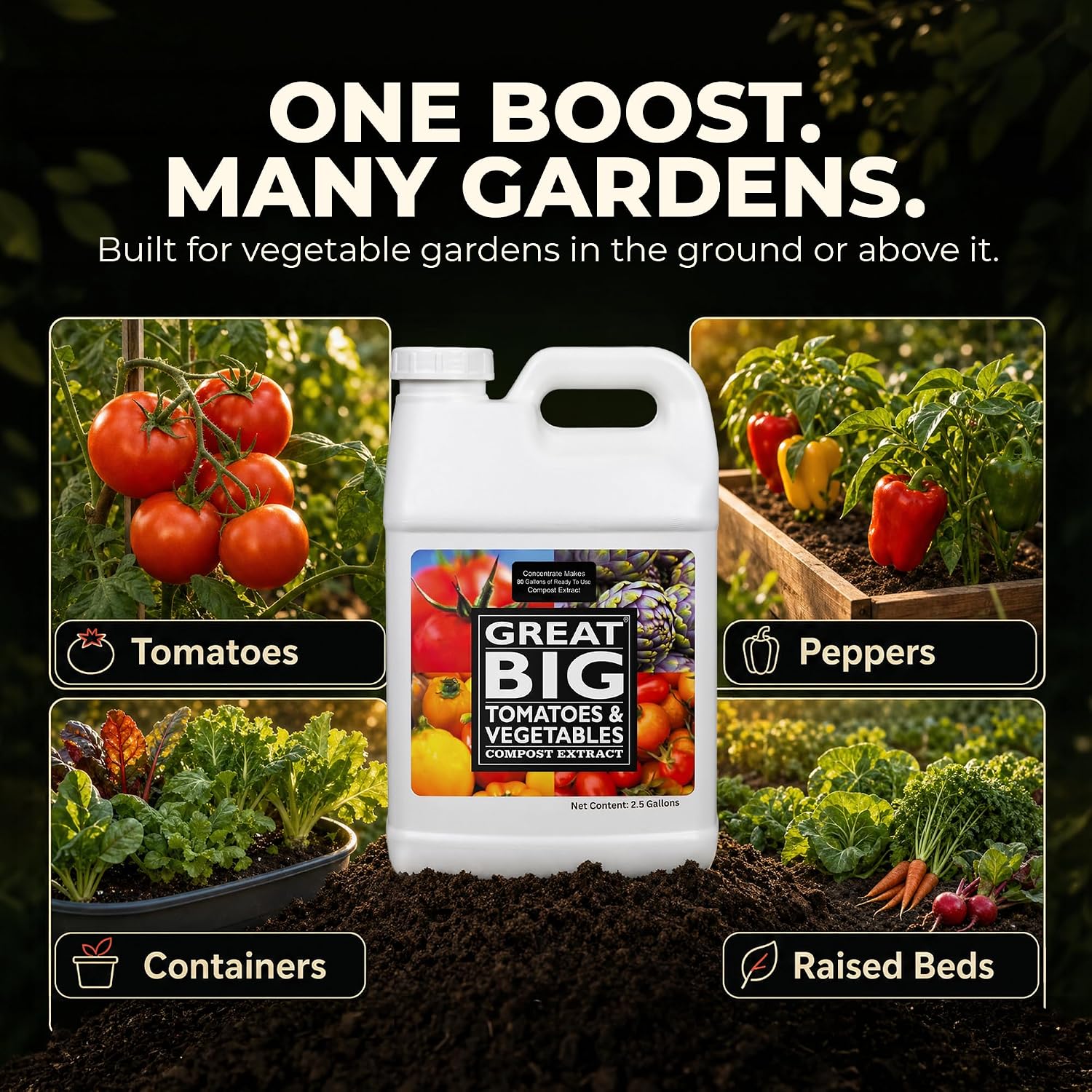 Great Big Tomatoes and Vegetables Liquid Fertilizer Booster - Organic Soil Conditioner, Liquid Compost Extract with Humic Acid, Fertilizer Activator for Big Vegetable Yields, 70 Minerals - 32 Ounce