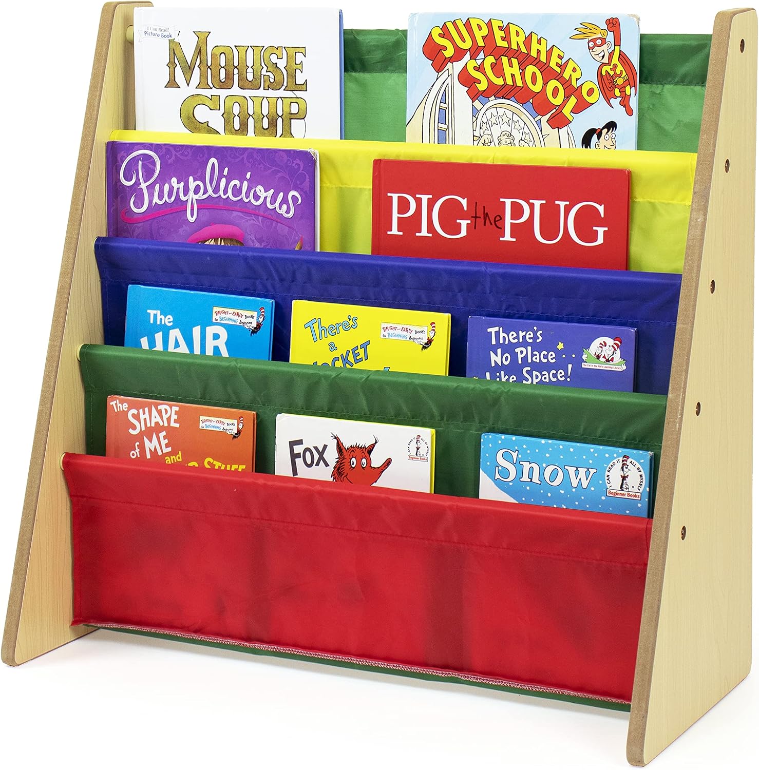 Humble Crew Kids Bookshelf, Montessori Front Facing Toddler Bookcase 4 Tier | Book display rack and reading nook organizer, nylon pockets show covers face out, compact for any playroom or bedroom space