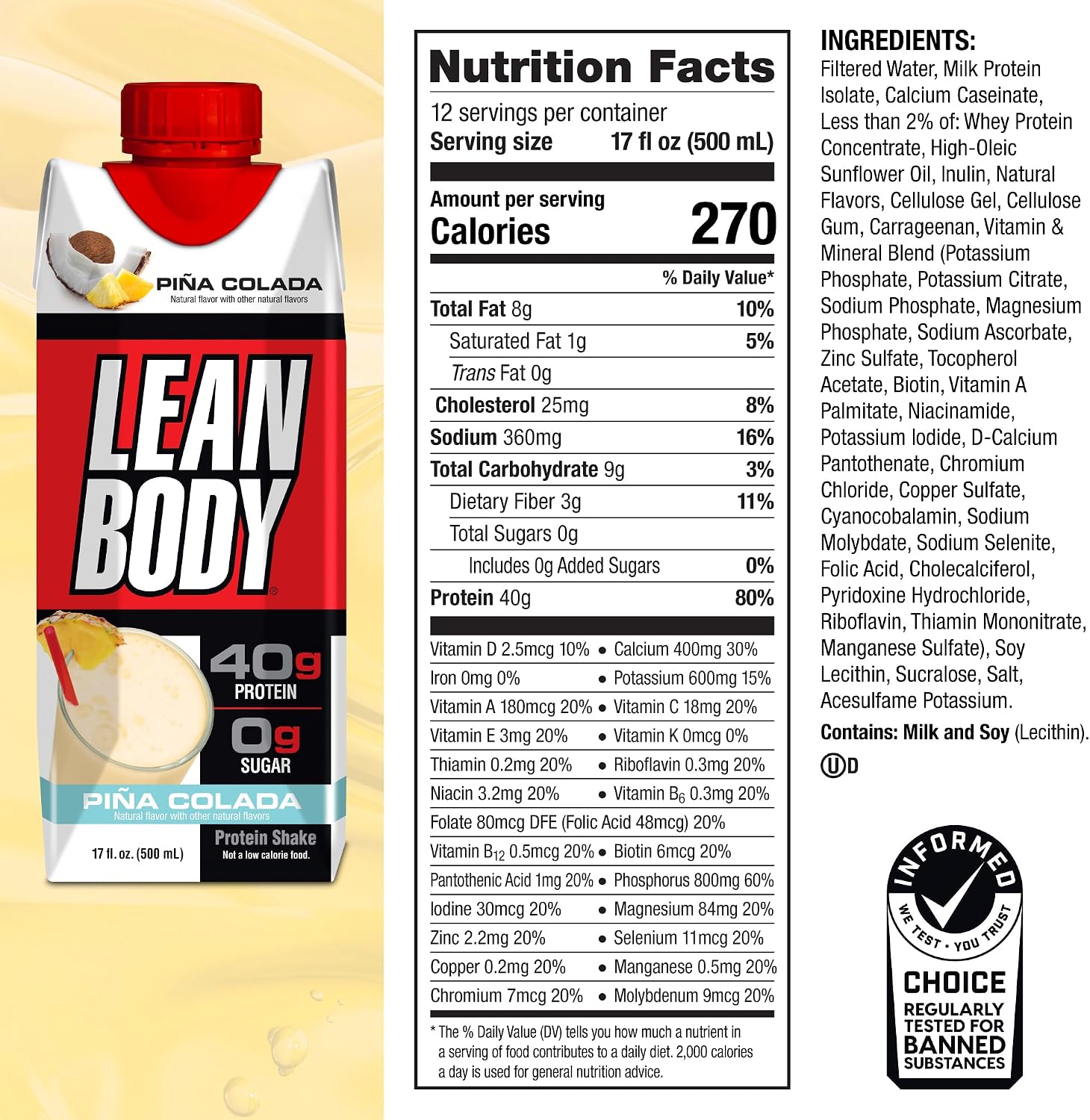 Labrada Lean Body Ready-to-Drink Chocolate Protein Shake, 40g Protein, Whey Blend, 0 Sugar, Gluten Free, 22 Vitamins & Minerals, LABRADA, 17 Fl Oz (Pack of 12)