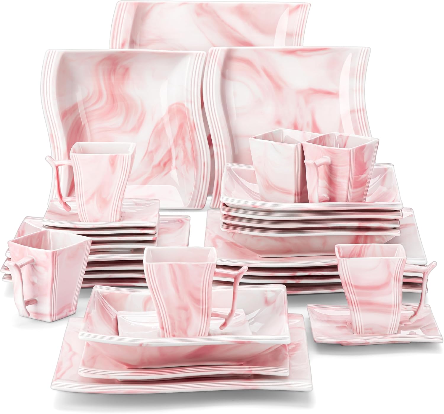MALACASA Plates and Bowls Sets, 26 Pieces Ivory White Porcelain Dinnerware Sets without Mugs, Square Dinnerware with Dinner Plates, Bowls and Serving Platters, Modern Dish Set for 6, Series Flora