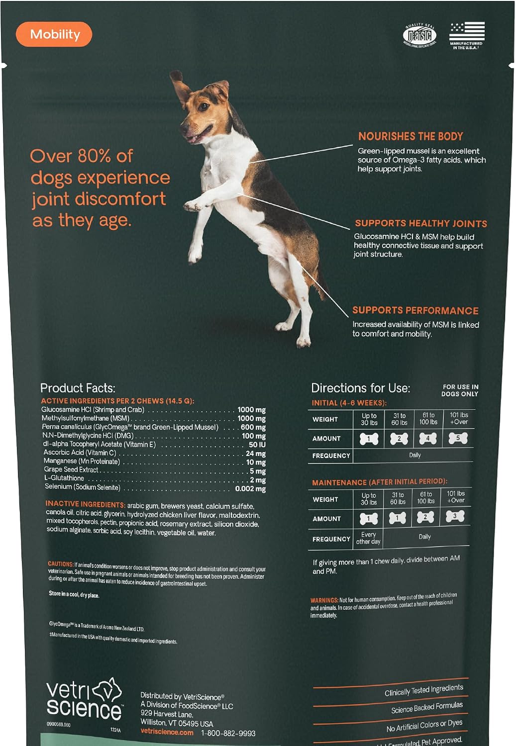 VetriScience Extra Strength Hip & Joint Supplement for Dogs – Supports Joint Health & Mobility, Vet-formulated w/Glucosamine, MSM & Green-Lipped Mussel – Chicken Flavor, 120 Chews