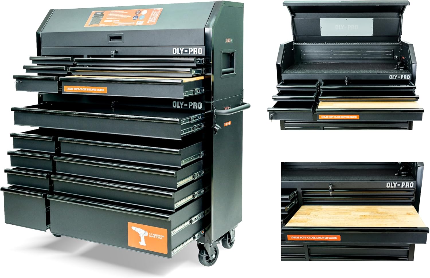 Olympia Tools 72 inch Heavy Duty Mobile Tool Chest Tool Box, with Solid Wood Top Workbench, 15-Drawer Rolling Tool Chest, Tool Storage Organizer for Garage, Workshop, and Home, Black