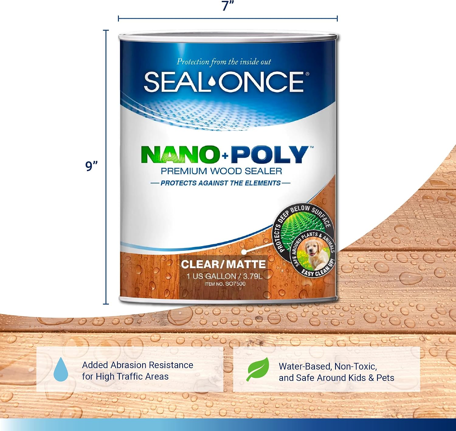 Seal-Once Nano+Poly Wood Sealer and Waterproofer, Clear, 1 Gallon | With Polyurethane, Water-based, Low-VOC, Waterproofer & Stain, For Decks, Fences & Log Homes