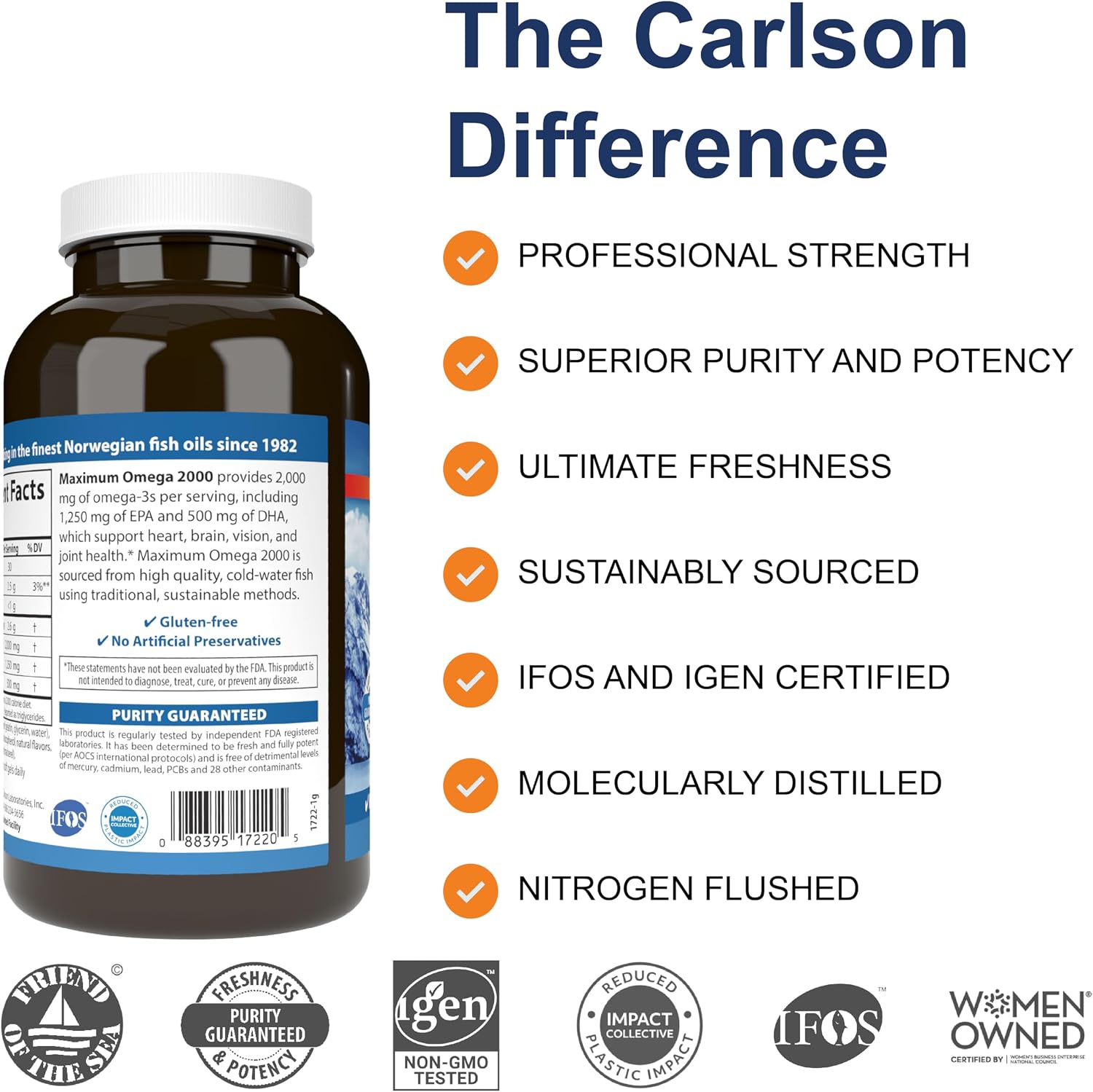 Carlson Maximum Omega 2000, 2000 mg, Wild-Caught, Lemon, 60 Softgels | Omega-3 Fatty Acids Including EPA and DHA; Norwegian Fish Oil Supplement; Sustainably Sourced Fish Oil Capsules