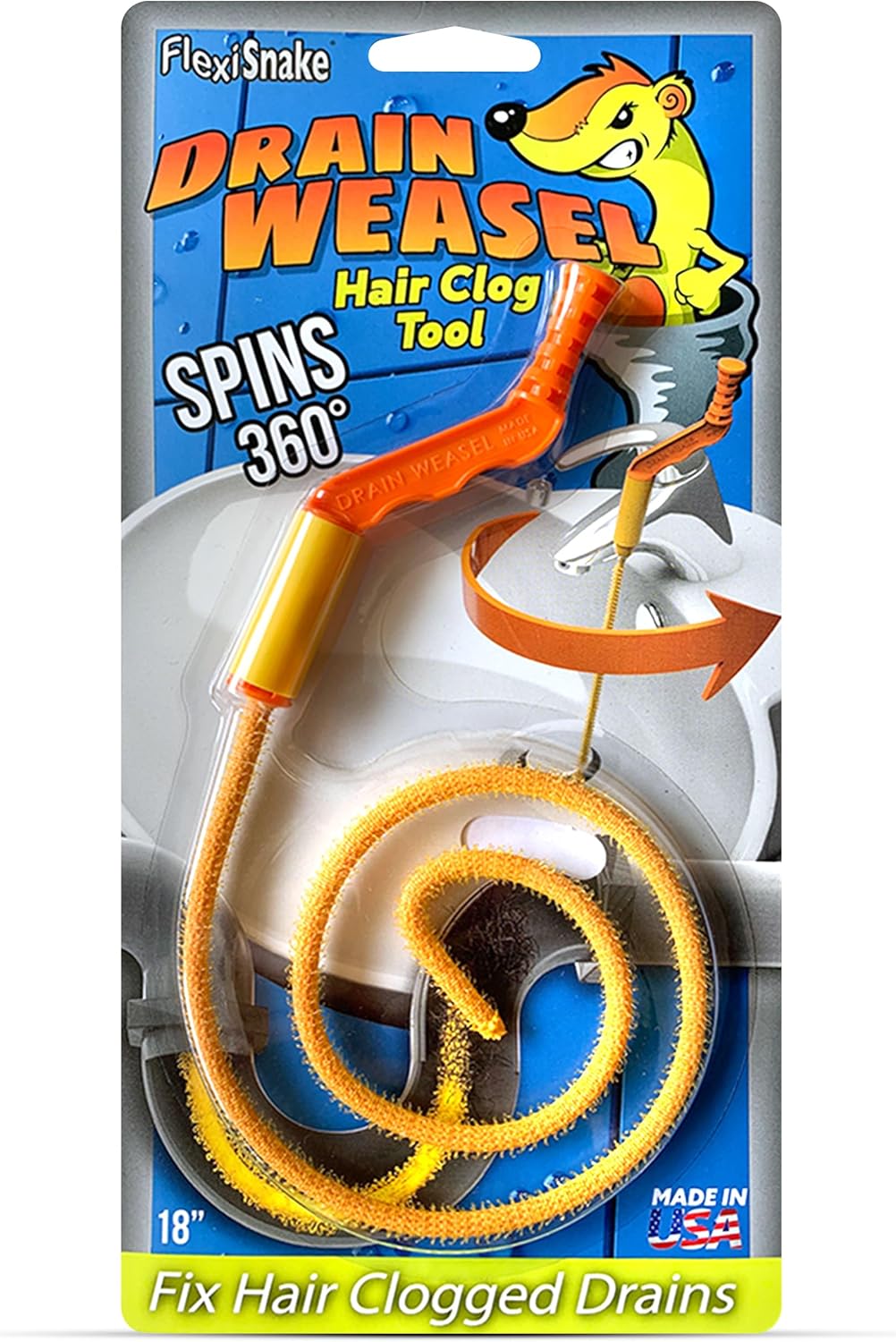 FlexiSnake Drain Weasel Sink Snake Hair Clog Remover Tool Kit | Sink, Pipe, Bathroom, Bathtub Drain Cleaner, 18-inch Long, Flexible