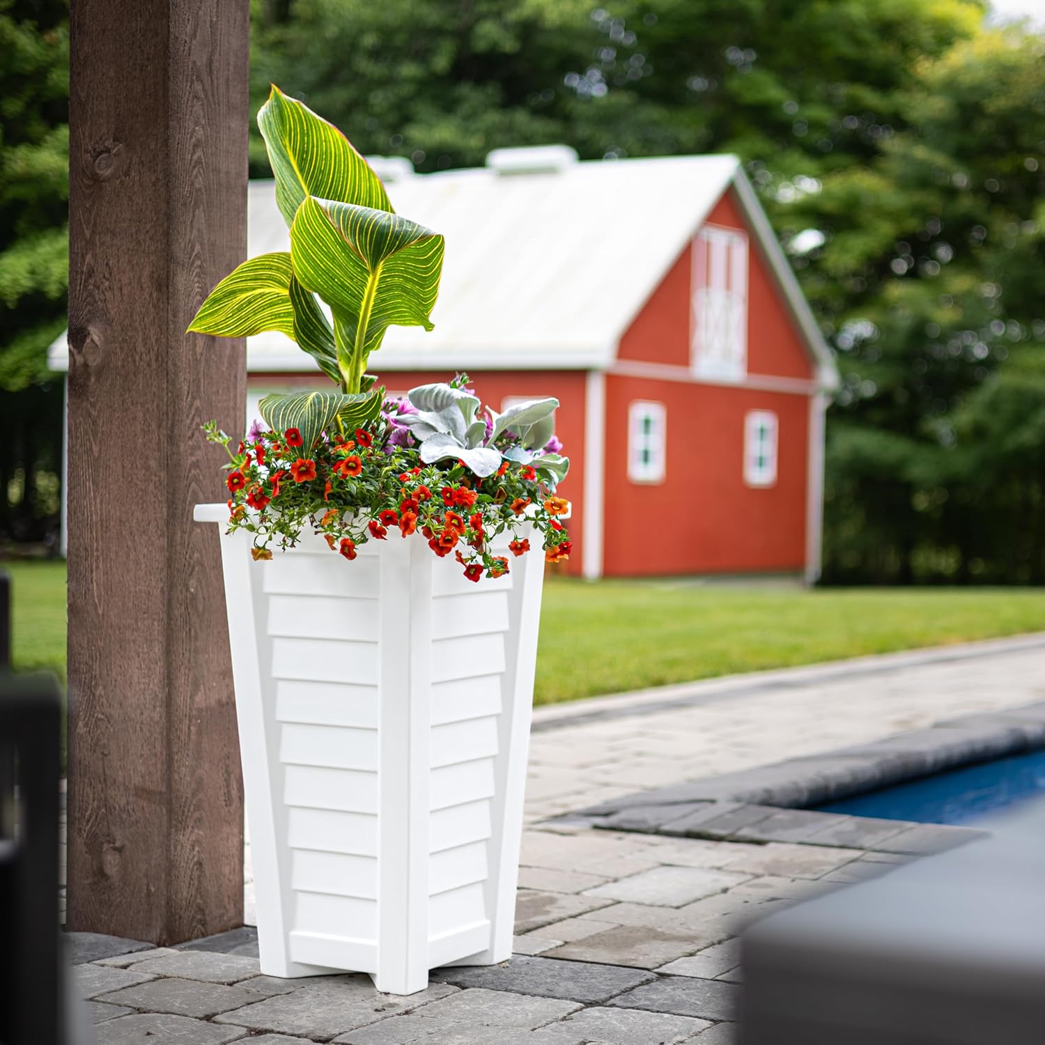 Mayne Lakeland 28in Self-Watering Tall Square Planter, White | Self-watering, All season, Fade resistant, Reversible planting shelf, 15-year warranty