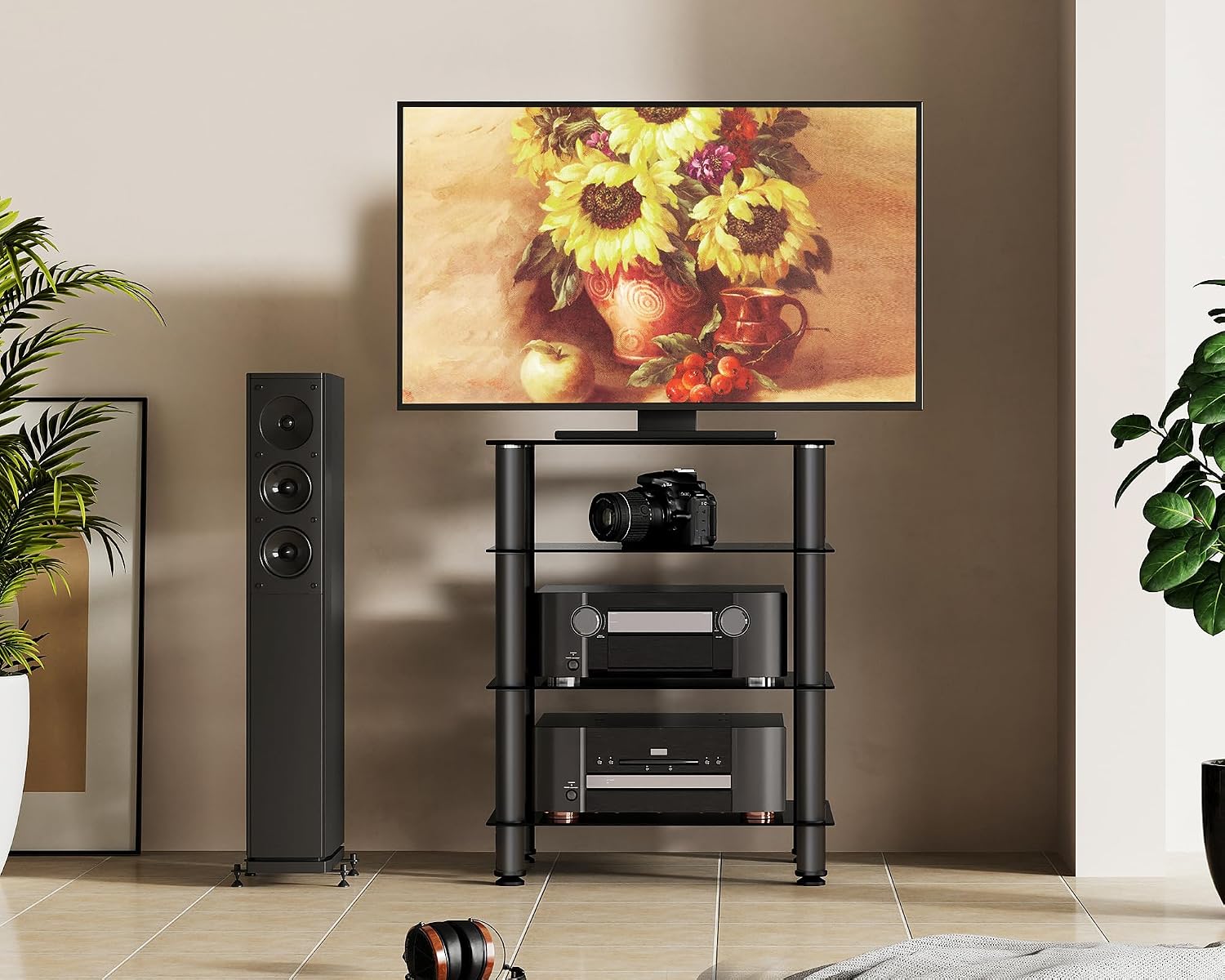 FITUEYES AV Component Media Stand Audio Rack 4-Tier Entertainment Shelves TV Stand for Video Components, Stereo Equipment, Gaming Consoles, Black