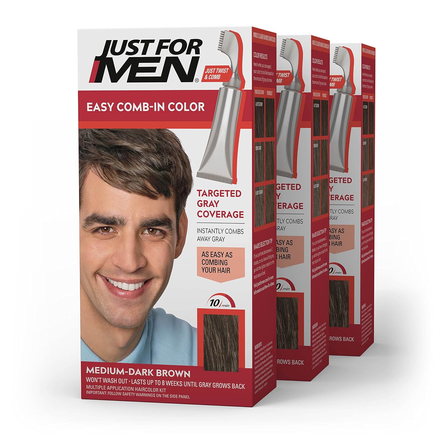 JUST FOR MEN Easy Comb-In Color, No-Mix, Light-Medium Brown A-30 (1 Pack) | Easy Comb-In Color light-medium brown no-mix formula instantly combs away gray. Targeted gray coverage. Easy application.