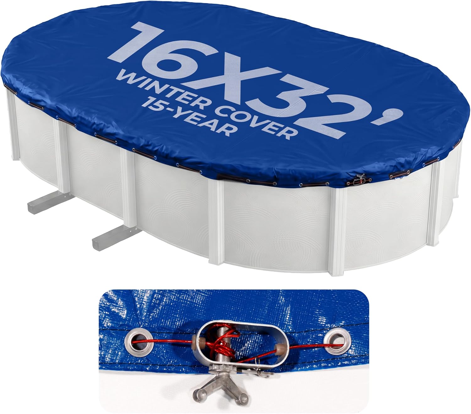 Blue Wave Arctic Armor 12x24-ft Oval Above Ground Pool Winter Cover, Blue | 14x14 laminated polyethylene, metal grommets every 2 ft, black underside, cable and winch, 4-ft overlap, 15-yr support