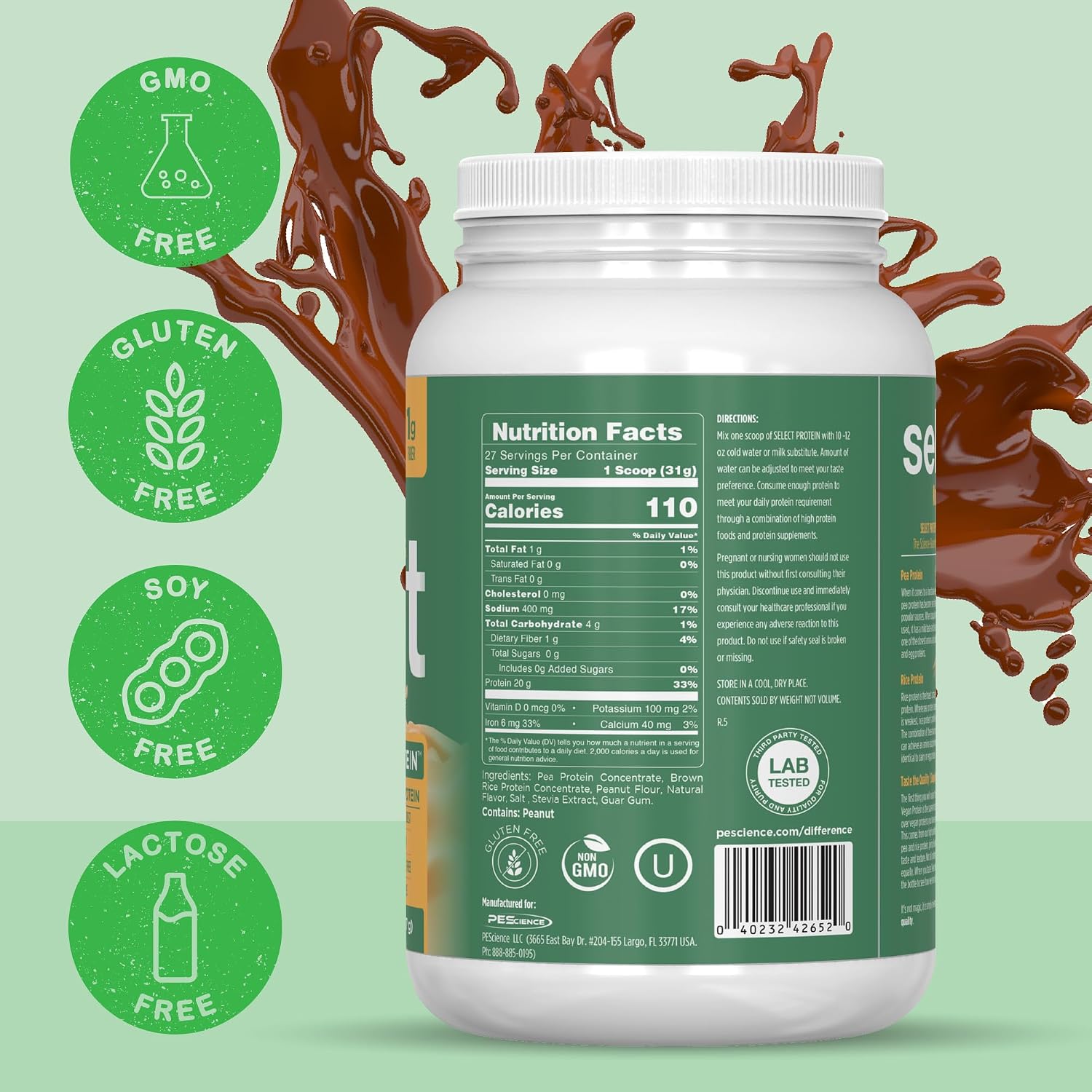 PEScience Select Vegan Protein Powder, Peanut Butter Delight, 27 Servings | Plant Based Protein Powder, Pea and Brown Rice Blend, Dairy Free, Lactose Free, Gluten Free