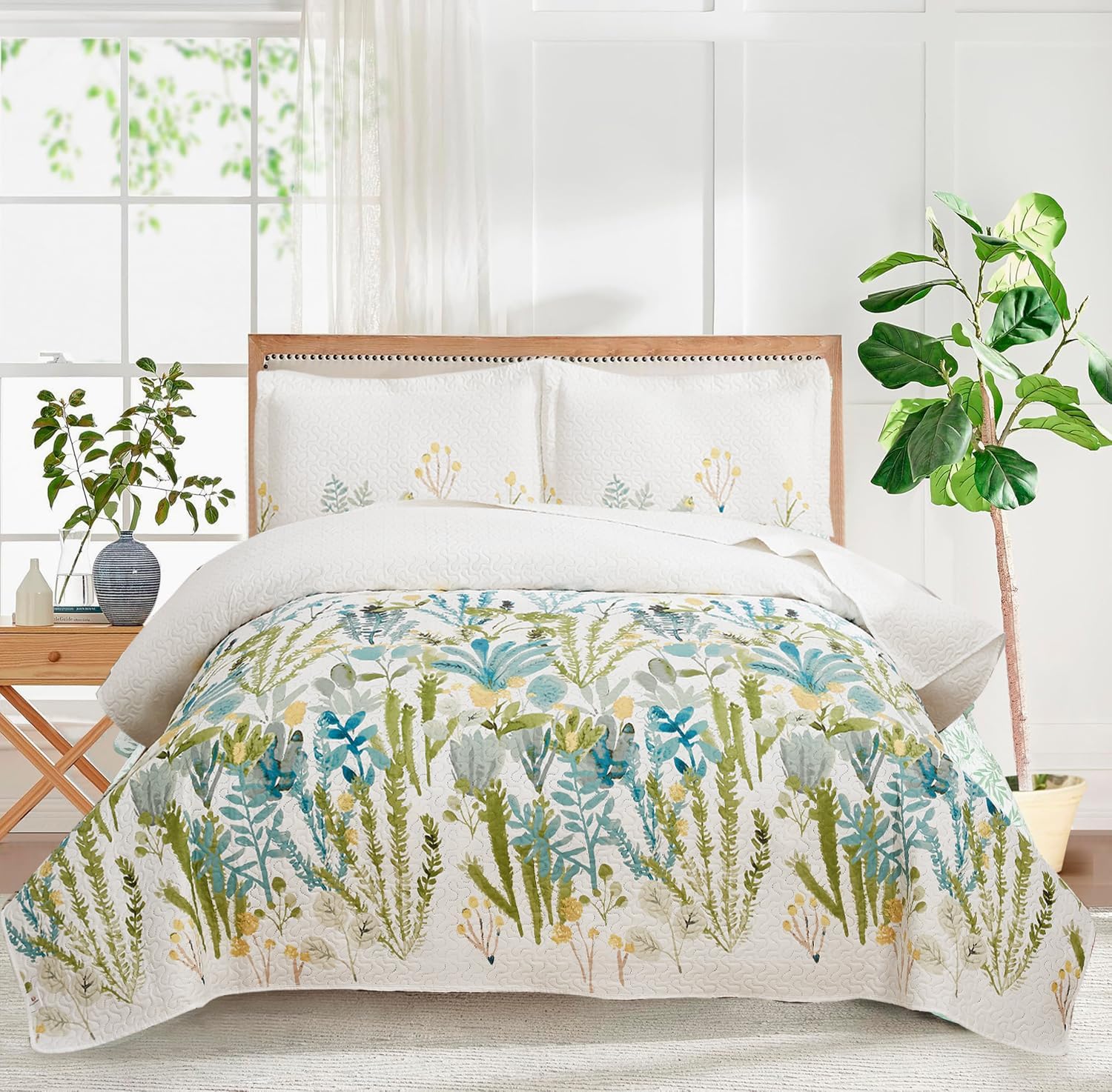 Ycosy Floral Quilt Set Full/Queen Size Reversible Flower Bedspread Queen Summer Lightweight Quilt Bedding Purple Floral Quilts Green Leaves Coverlet