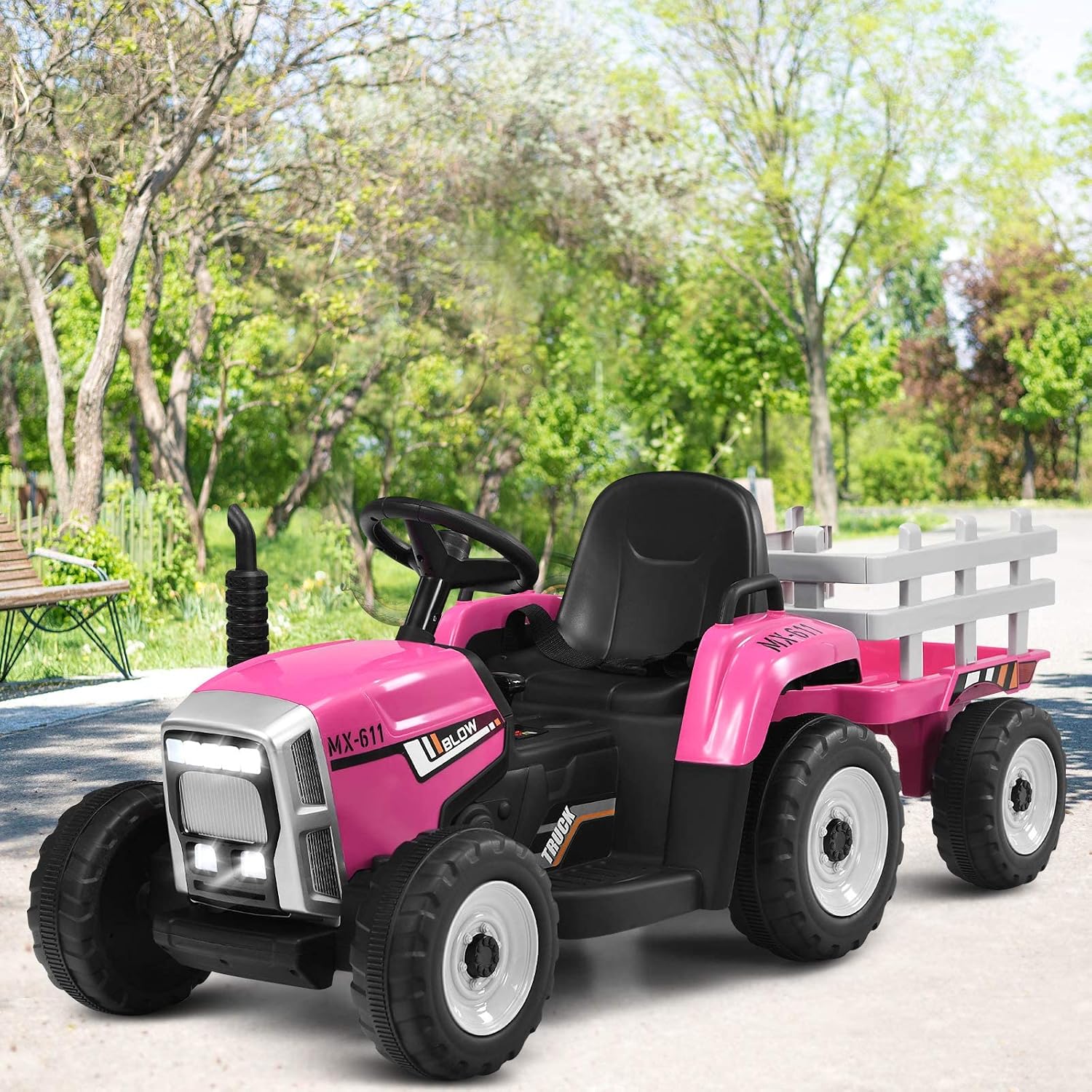 Costzon Ride on Tractor with Detachable Trailer, Kids' Electric Vehicles w/3-Gear-Shift Ground Loader, Wireless Design & USB, 7 LED Headlights