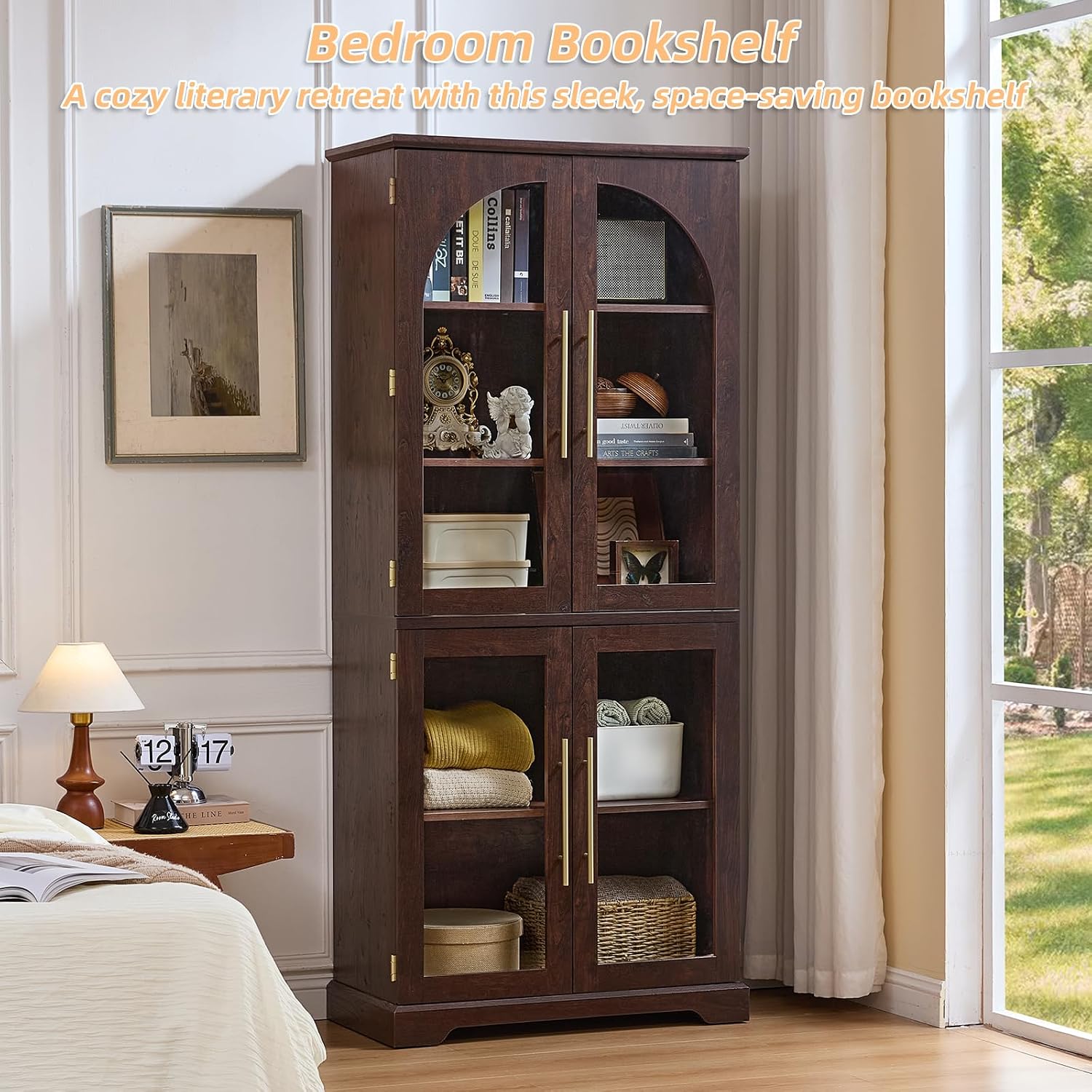 Joaxswe 72" Tall Bookshelf with 4 Curved Glass Doors, Farmhouse Bookcase with 3-Tier Adjustable Shelves, Modern Living Room Display Cabinet, Large Storage Cabinet for Home Office,Dining Room, Natural