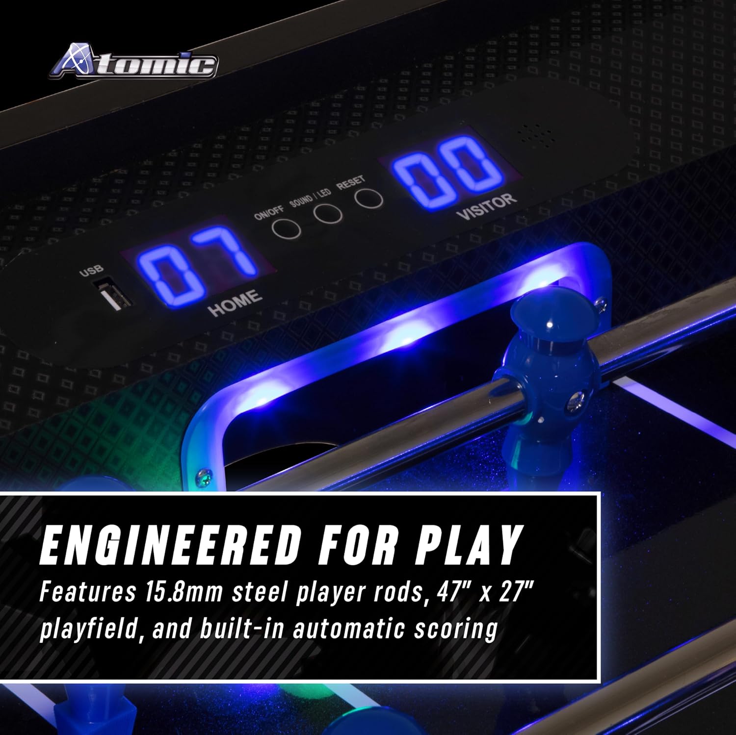Atomic Azure LED Foosball Table – Light Up Arcade Style Table with In-Rail LED Lighting, Music, Electronic Scoring, Glow Foosball