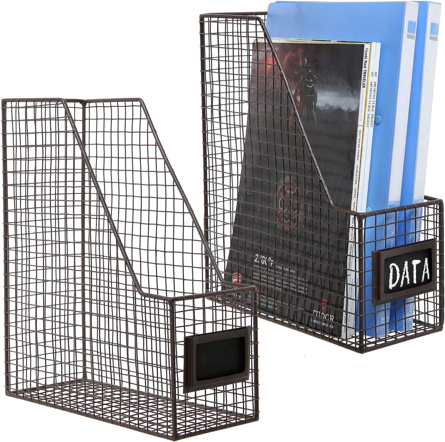 MyGift Metal Wire Magazine Holder in Rustic Brown Finish, Desktop Document and File Folder Storage Bin with Chalkboard Label for Home, Office, School