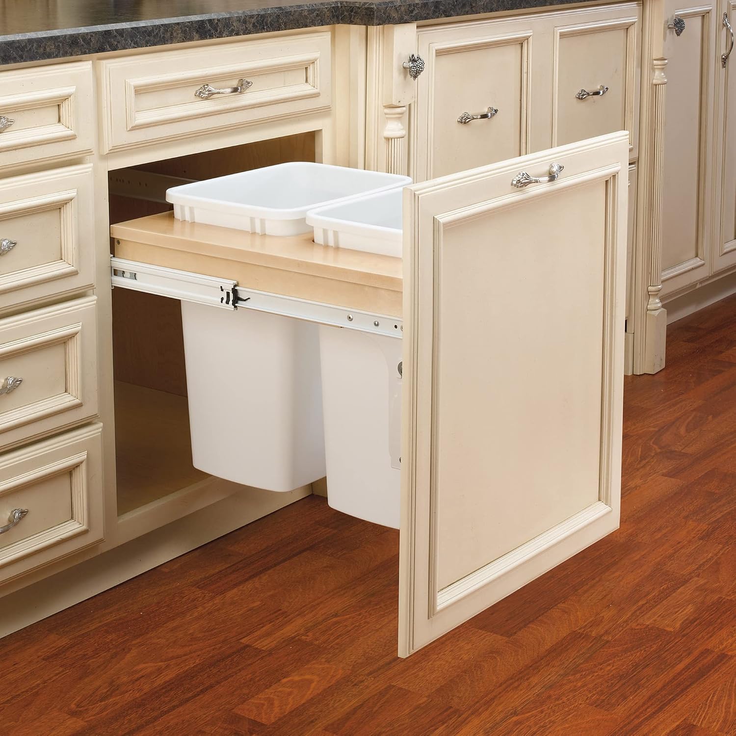 Rev-A-Shelf Top Mount Double Pullout Under Cabinet 35 Quart Kitchen Trash Cans with 150 Pound Rated Full-Extension Slides, 4WCTM-21DM2