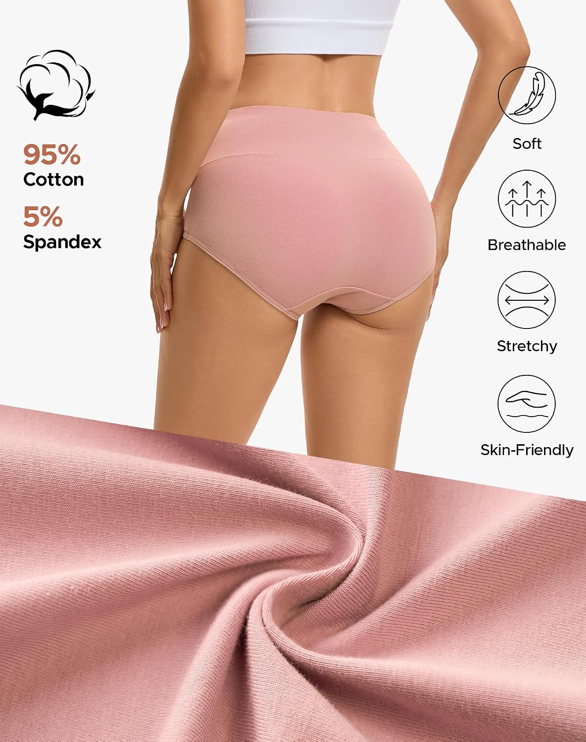 INNERSY Women's High Waisted Underwear Cotton Panties Regular & Plus Size 5-Pack