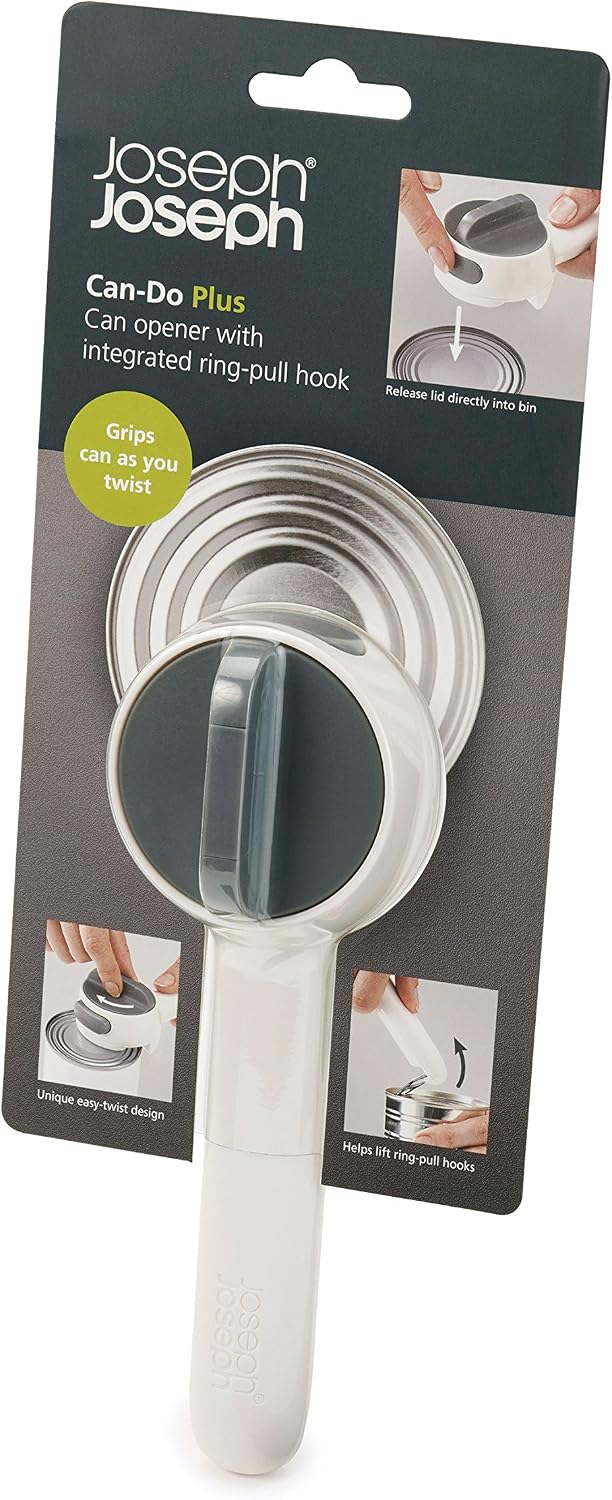 Joseph Joseph Can-Do Plus Compact Can Opener Manual Easy Twist Pull Tab Stainless Steel Portable Space-Saving, White