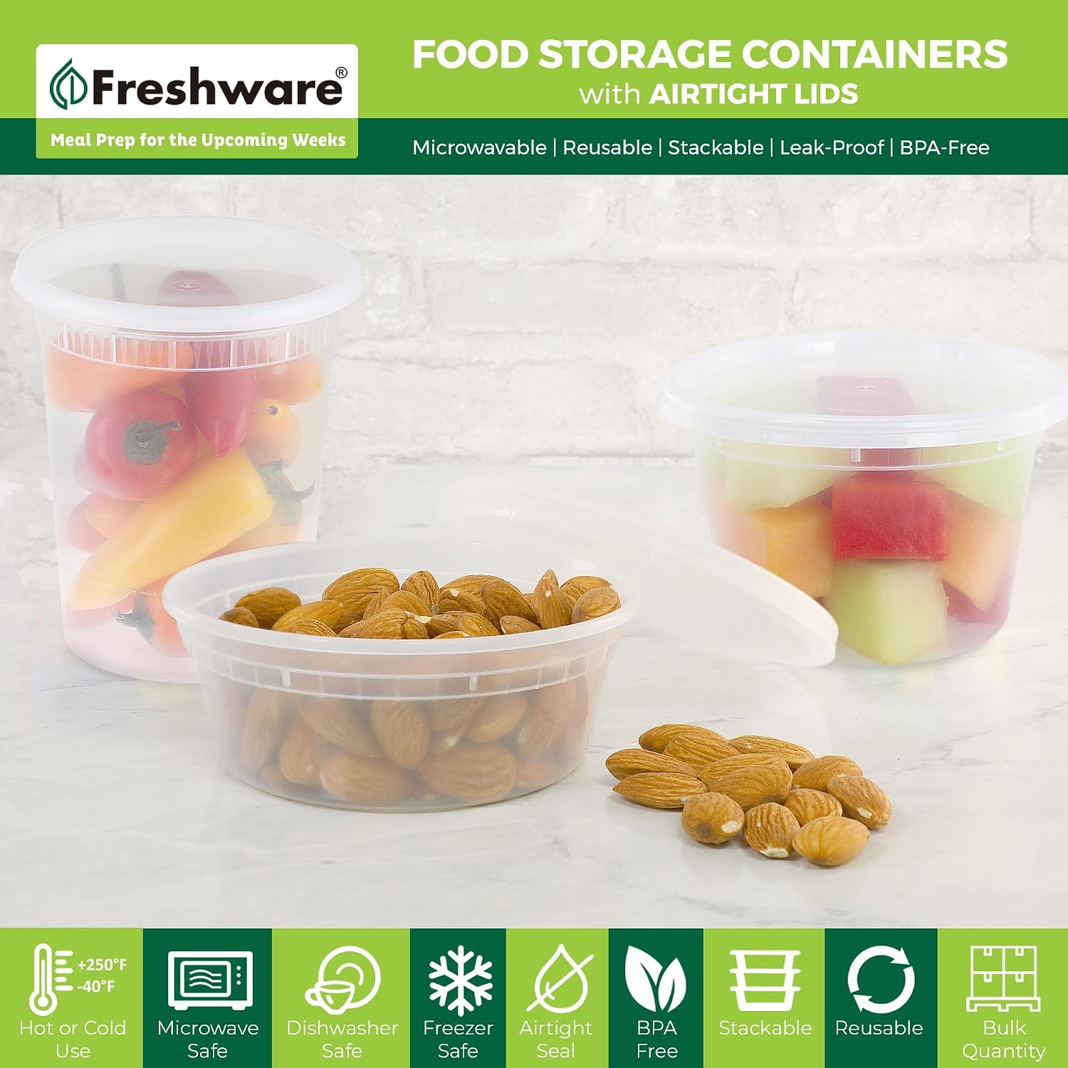 Freshware Food Storage Containers [24 Set] 32 oz Plastic Deli Containers with Lids, Slime, Soup, Meal Prep Containers | BPA Free | Stackable | Leakproof | Microwave/Dishwasher/Freezer Safe