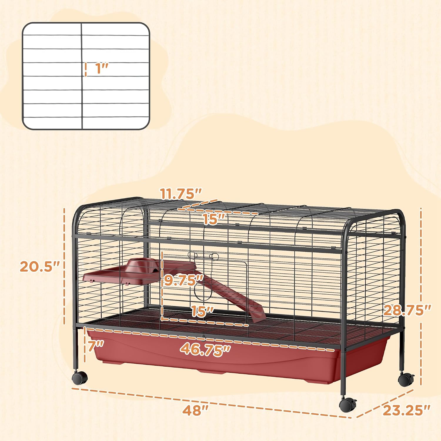 PawHut 41" L Small Animal Cage Rabbit Hutch with Feeder, Rolling Wheels Red