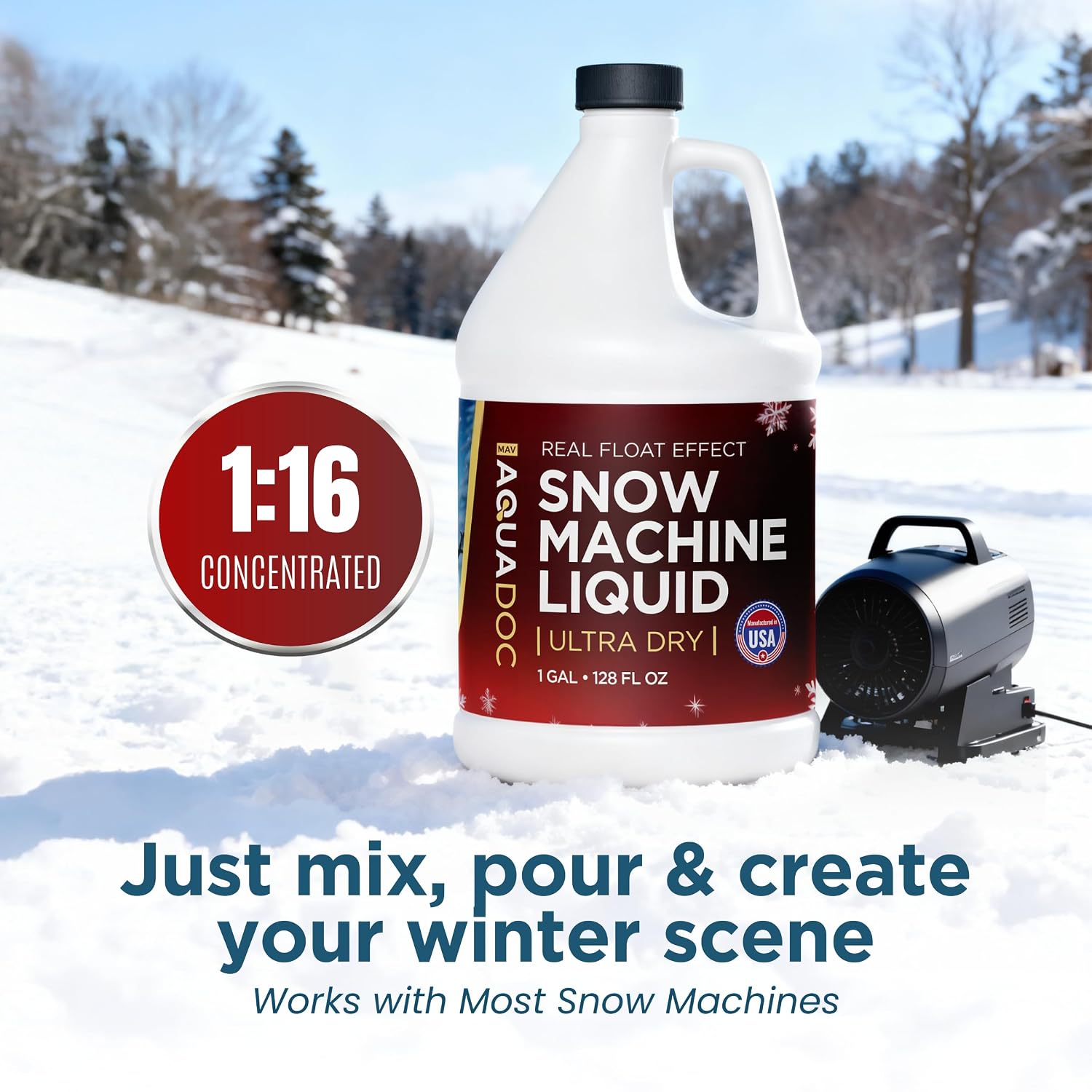 AquaDoc Snow Machine Fluid - Ultra Dry Snowmaker Liquid, 128 oz | Concentrated Formula Creates Fluffy Realistic Flakes Indoors And Outdoors