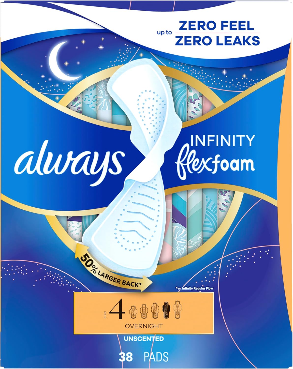 Always Infinity Feminine Pads for Women, Flexfoam Pads with Wings, Size 4, Overnight Absorbency, Unscented, 38 Count