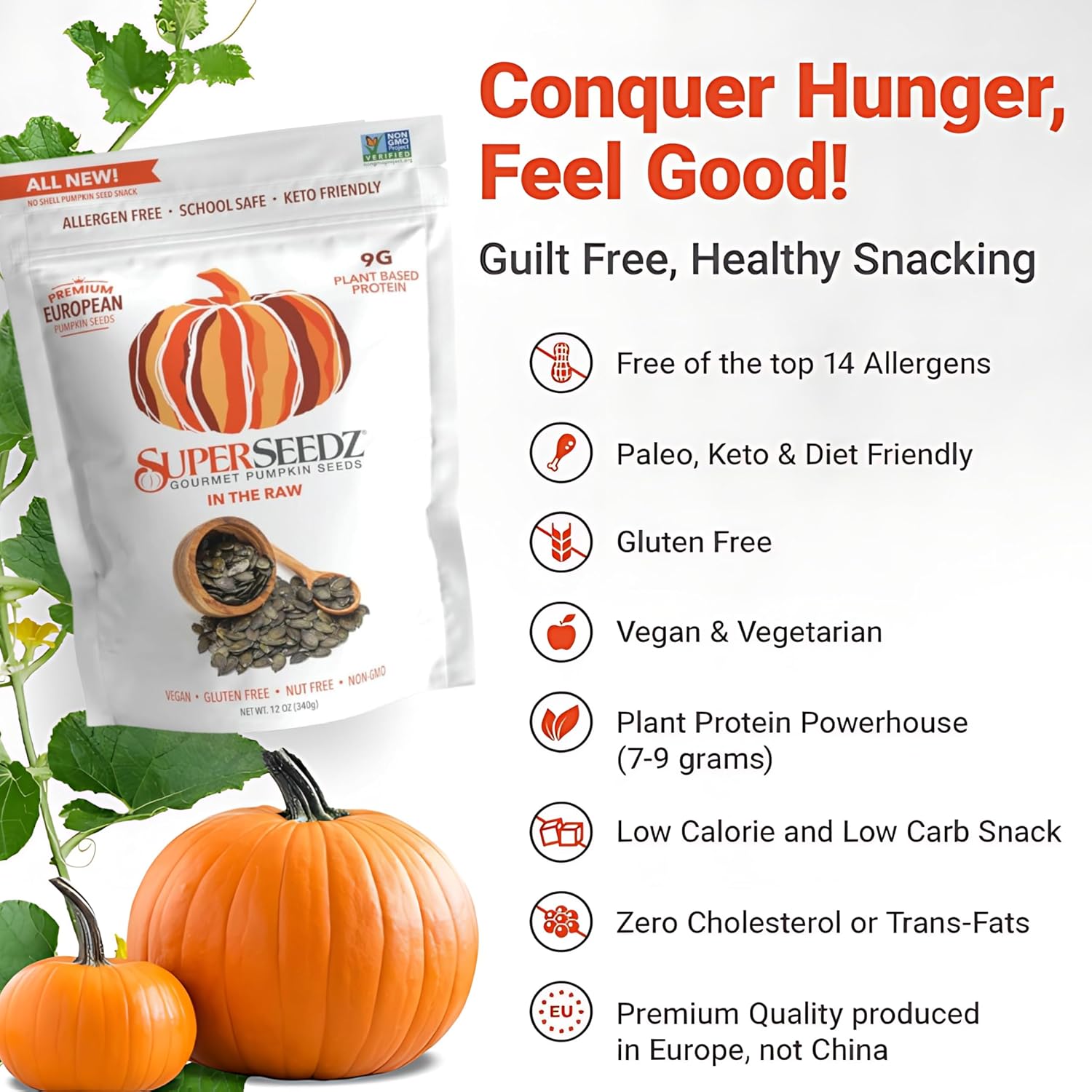 SuperSeedz Dry Roasted Pumpkin Seeds with Sea Salt w/8g Protein (5oz Bag) | Nn-GMO, Gluten-Free, Keto Snacks – Nut-Free & School Friendly Organic Pumpkin Seeds – Large European No Shell Pepitas