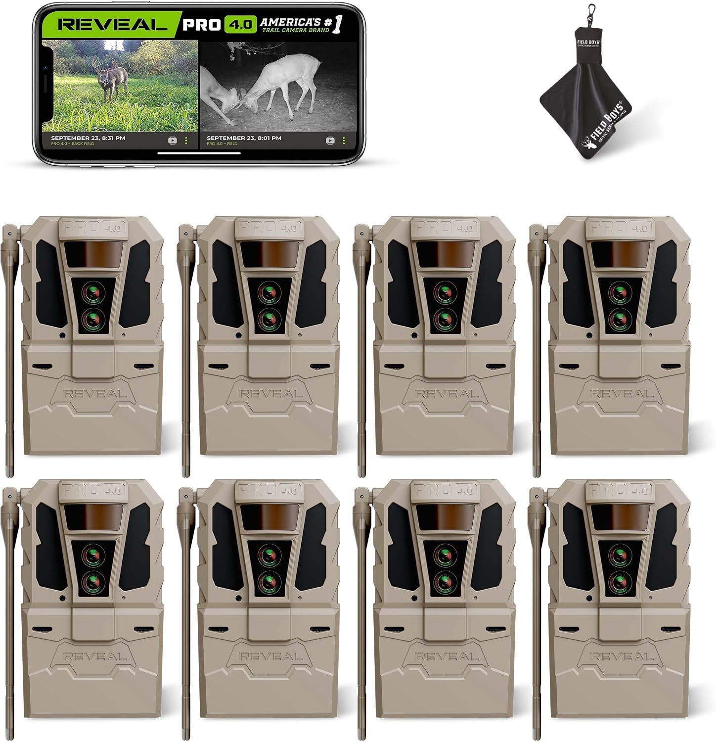TACTACAM Reveal Pro 4.0 Cellular Trail Camera (8PK) + Microfiber Cloth | Night Vision, Waterproof, Dual Sensors, 4K Photo & 1080p Video