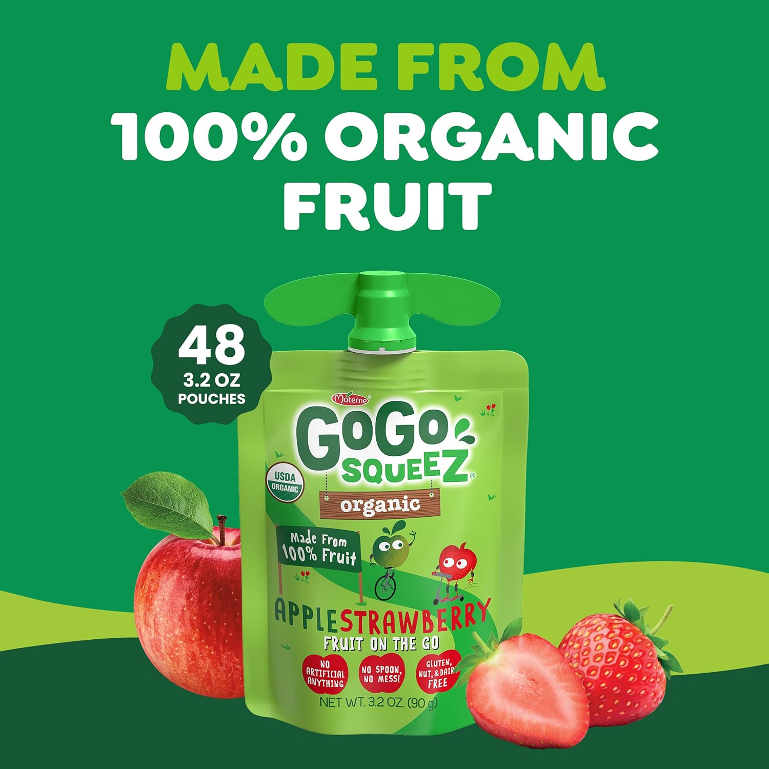 GoGo squeeZ No Sugar Added Organic Applesauce, Apple Apple, 48 Count | Kids on the go fruit snack made with applesauce & fruit puree; 3.2 oz pouches, gluten and nut free, recloseable cap, BPA-free