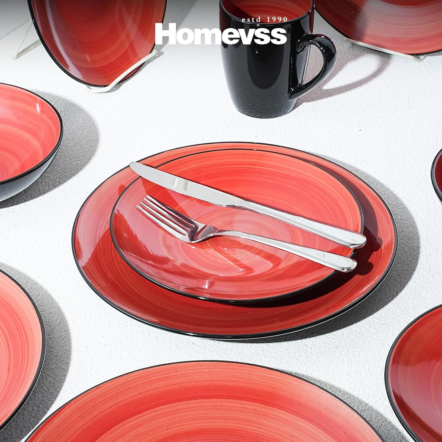 HomeVss, Sonoma Stoneware Dinnerware Set, Outside Black + Inside Hand Painting Color (16pc Set, Grey)