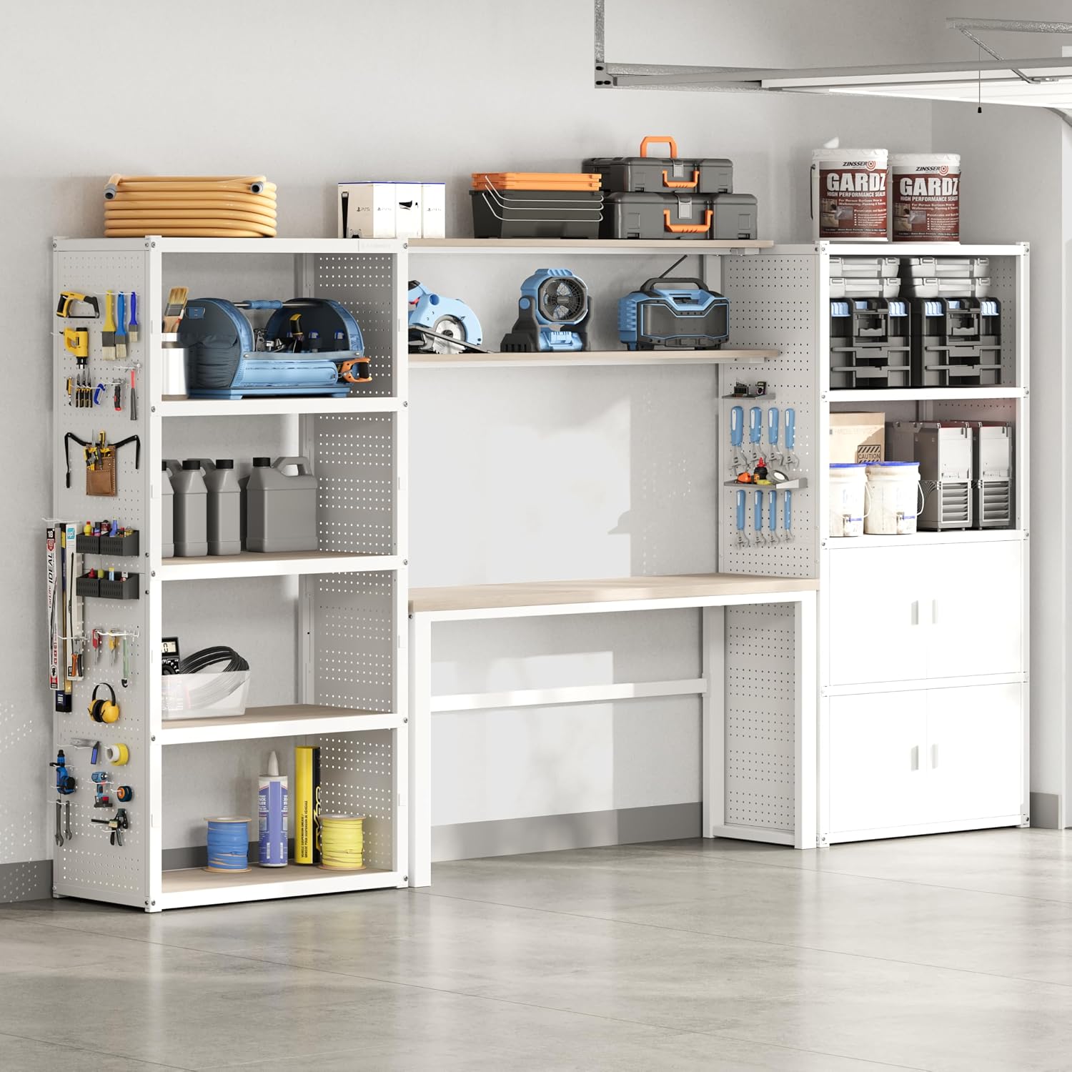 FLEXIMOUNTS 117"W Modular Garage Storage Cabinet with Workbench, Black | 6 Doors, 3700lbs capacity, Metal board shelf includes pegboard, 3-in-1 metal tool cabinet, 24-gauge steel, FLEXIMOD Series