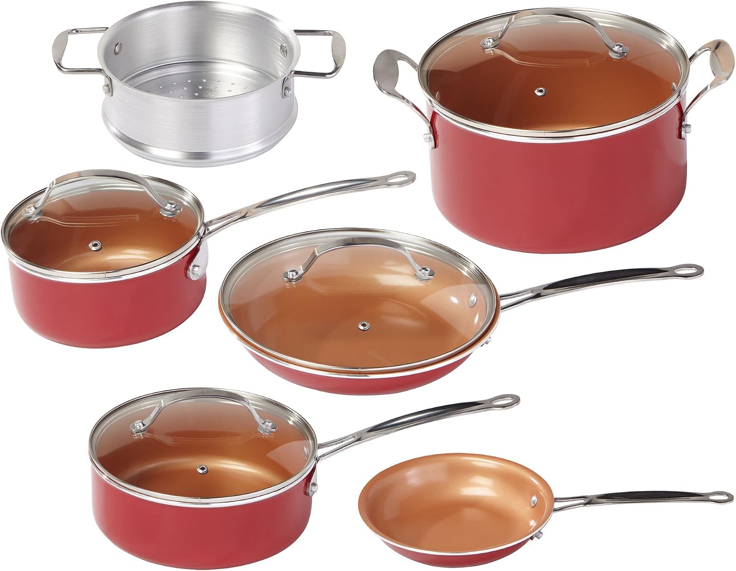 BulbHead Red Copper 10 PC Copper-Infused Ceramic Non-Stick Cookware Set