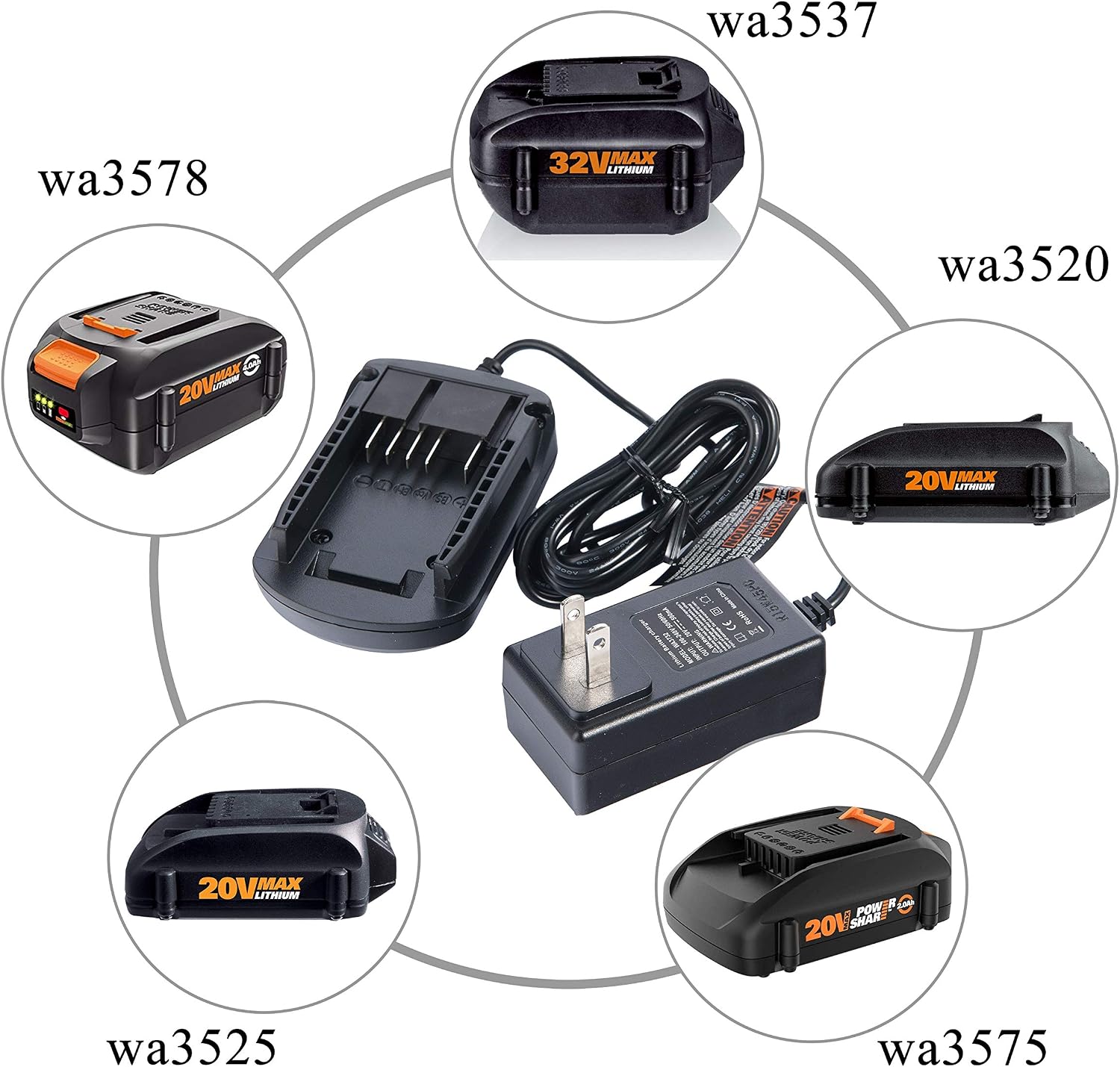 WA3742 Charger for 20V Lithium Battery WA3520 WA3525 WA3578, Cell9102 Replacement Worx Battery Charger 20V WA3732 WA3875 WA3881
