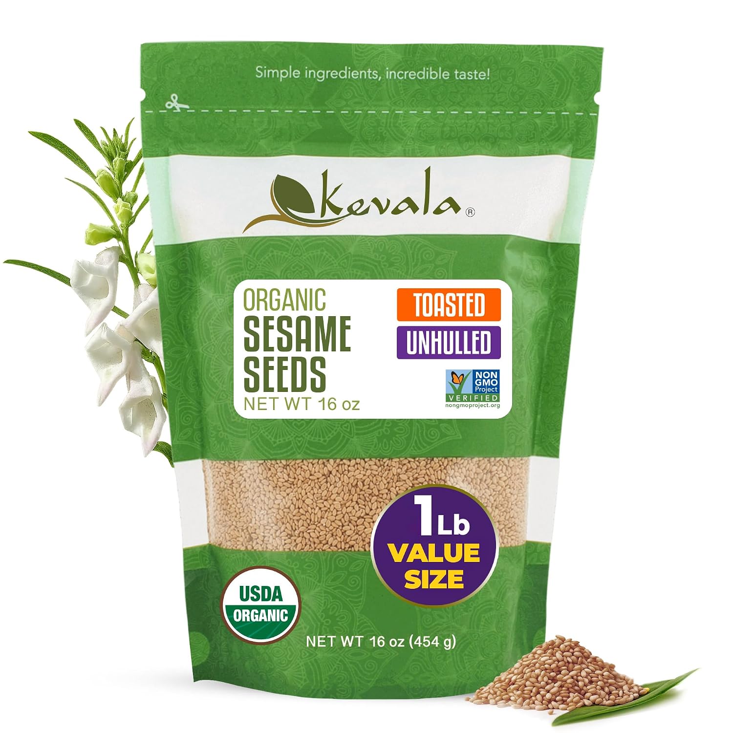Kevala Organic Toasted Sesame Seeds (Unhulled) - 1 lb, Hummus Ingredient | 16 oz, Nutritious Addition to Gluten Free Snacks