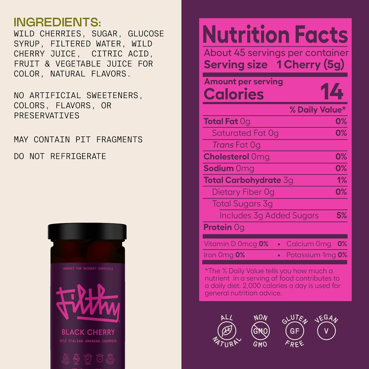 Filthy Amarena Black Cherries, Premium Cocktail Garnish - 45 Oz Tin, 1 Pack | All Natural Ingredients, Wild Italian Amarena Black Cherry for Whiskey Cocktails - Non-GMO, Gluten Free, Vegan