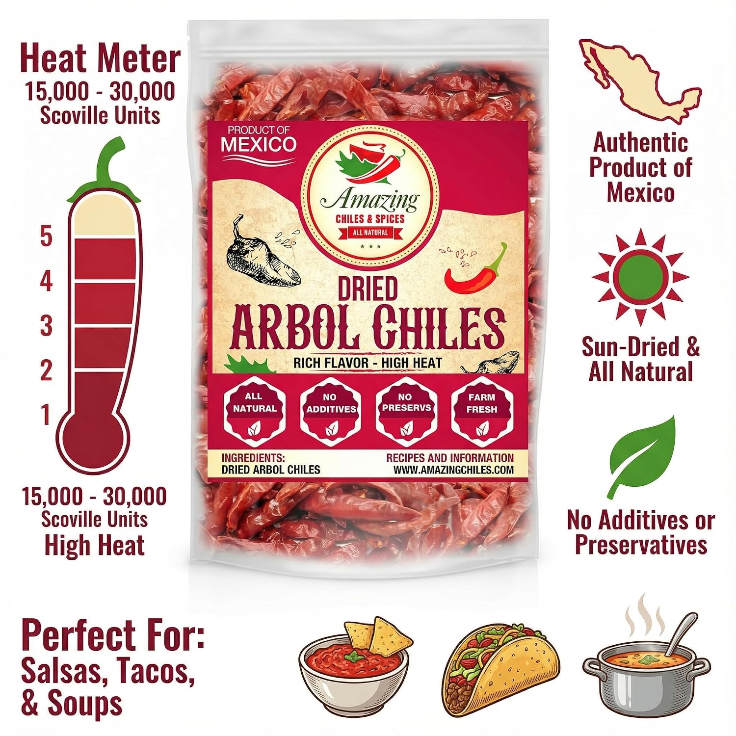 Chile De Arbol 4oz - Dried Whole Red Chili Peppers, Premium All Natural Stemless, Resealable Bag. Use in Mexican, Chinese and Thai Dishes. Spicy Hot Heat Full of Flavor