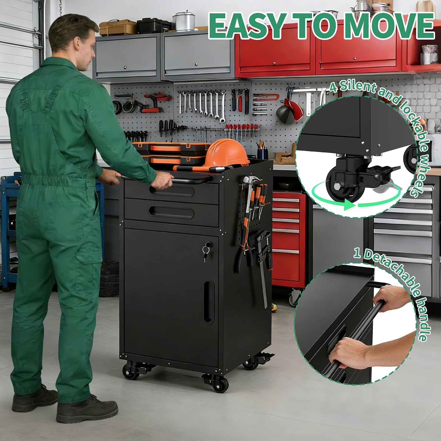 Garage Cabinets,Metal Garage Storage Cabinet with Wheels,Black Lockable Rolling Tool Cabinet with Drawer and Adjustable Shelves,Heavy Duty Tool Chest for Home Office Utility Room