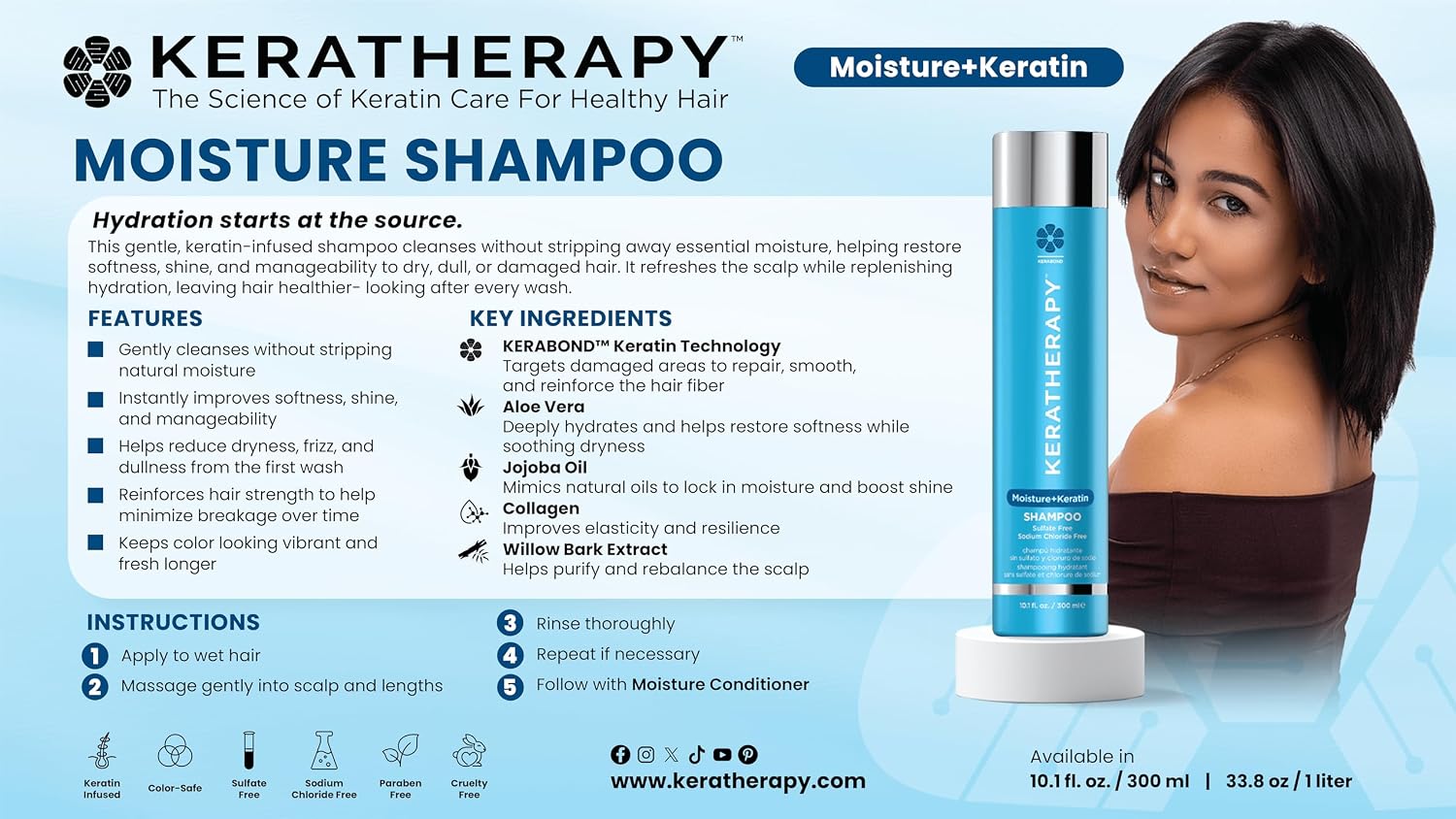 Keratherapy Keratin Infused Moisture Shampoo, 10.1 fl. oz., 300 ml - Anti Frizz Moisture Shampoo for Oily Scalp and Dry Ends - Kerabond Technology