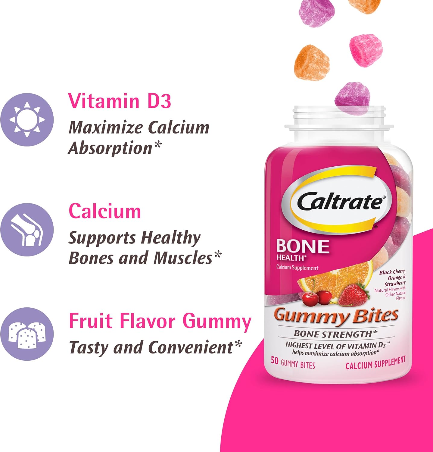 Caltrate Gummy Bites 600 Plus D3 Vitamin D and Calcium Supplement, 50 Count | Highest Level of Vitamin D3, Maximizes Calcium Absorption to Support Strong Bones and Daily Function
