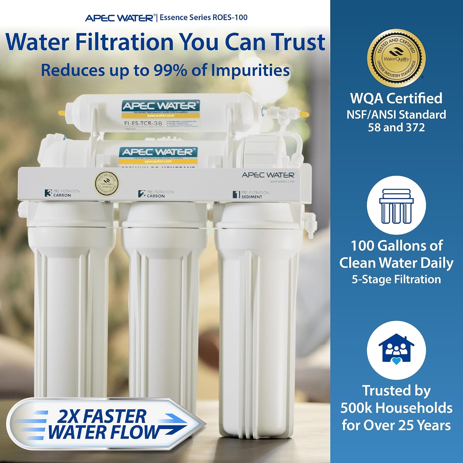 APEC Water ROES-50, 5-Stage Under Sink Reverse Osmosis System, 50 GPD | NSF Certified 372 & 58, Reduces 99% of Impurities, DIY Installation
