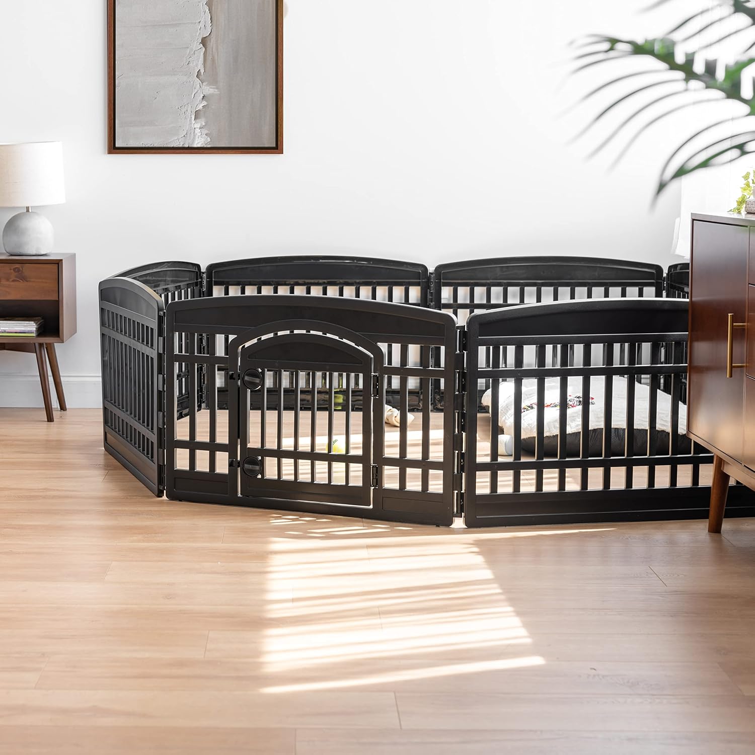 IRIS USA 4-Panel Dog Playpen, Pet Enclosure, Black | Pet Containment, Configurable Layout, Multi-Shape Setup, Custom Pen Configuration, Stable Non-Tip Base, Tool-Free Assembly