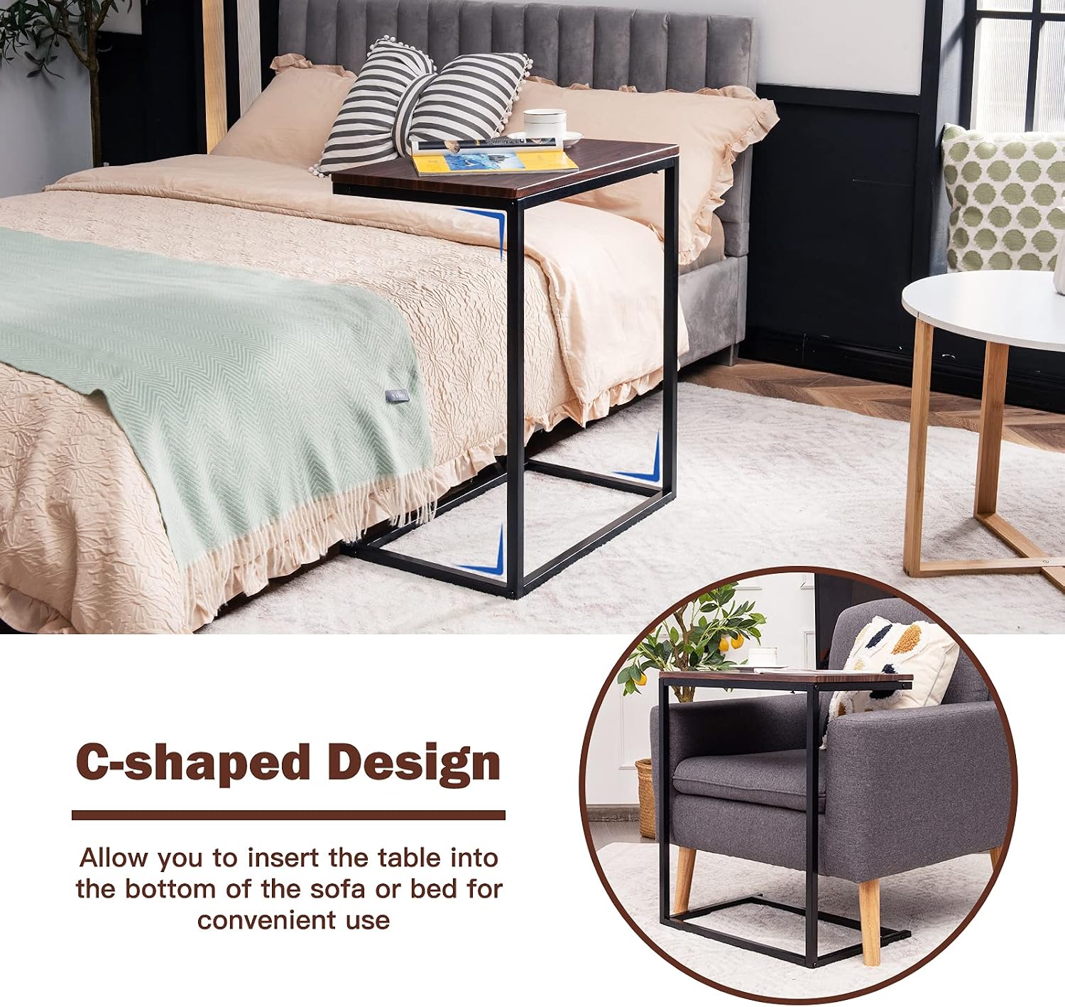 Tangkula C Shaped End Table, Couch Sofa Side TV Tray for Coffee Snack Laptop, Vintage Bedside Table for Living Room, Bedroom