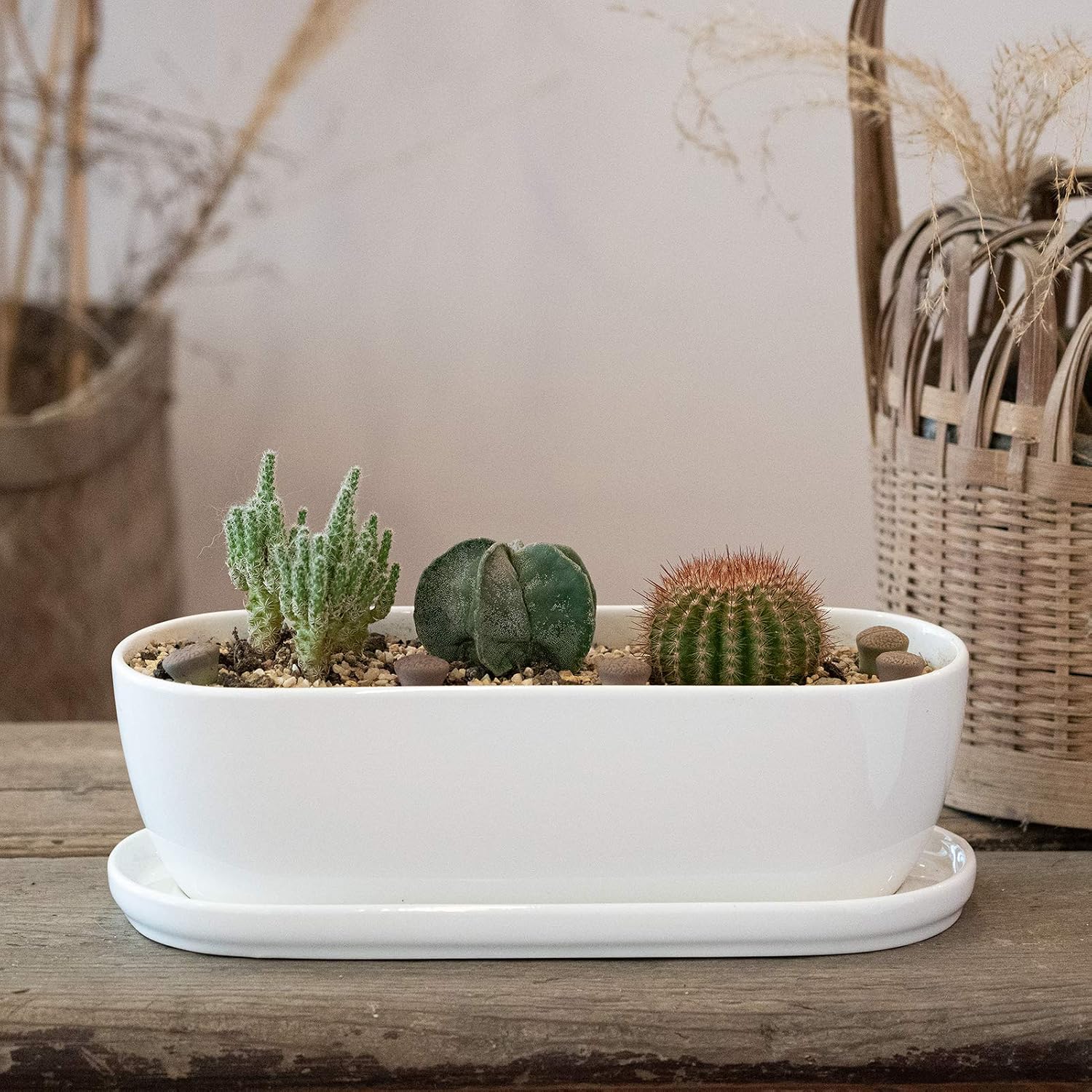 E-liu 11 Inch Oval Ceramic Planter Pot with Drainage Hole Saucers