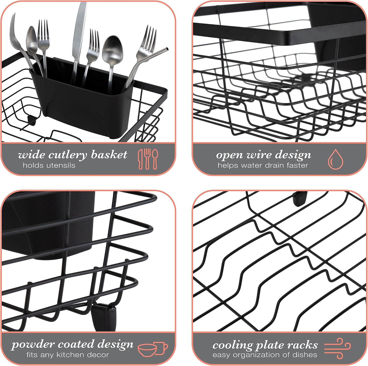 Kitchen Details Flat Wire Countertop or Over The Sink Dish Drying Rack with Cutlery Basket | Holds up 10 Dishes | Mugs | Kitchen Accessories | Black