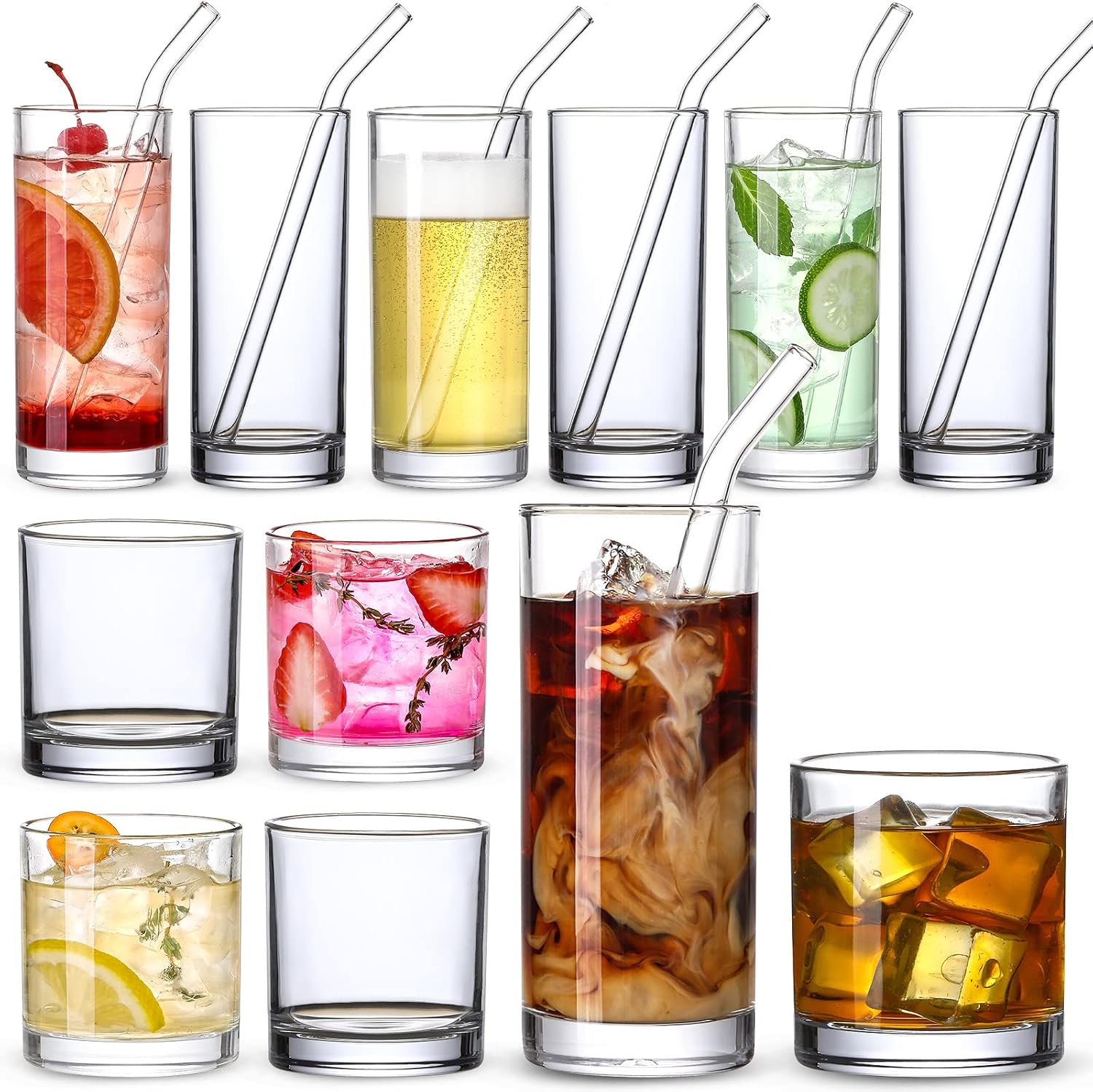 [ 12 Pack ] Glass Cups with Glass Straws, 12oz Highball & Rock Drinking Glasses, Everyday Drinkware Glasses Set, Cute Tumbler Cup