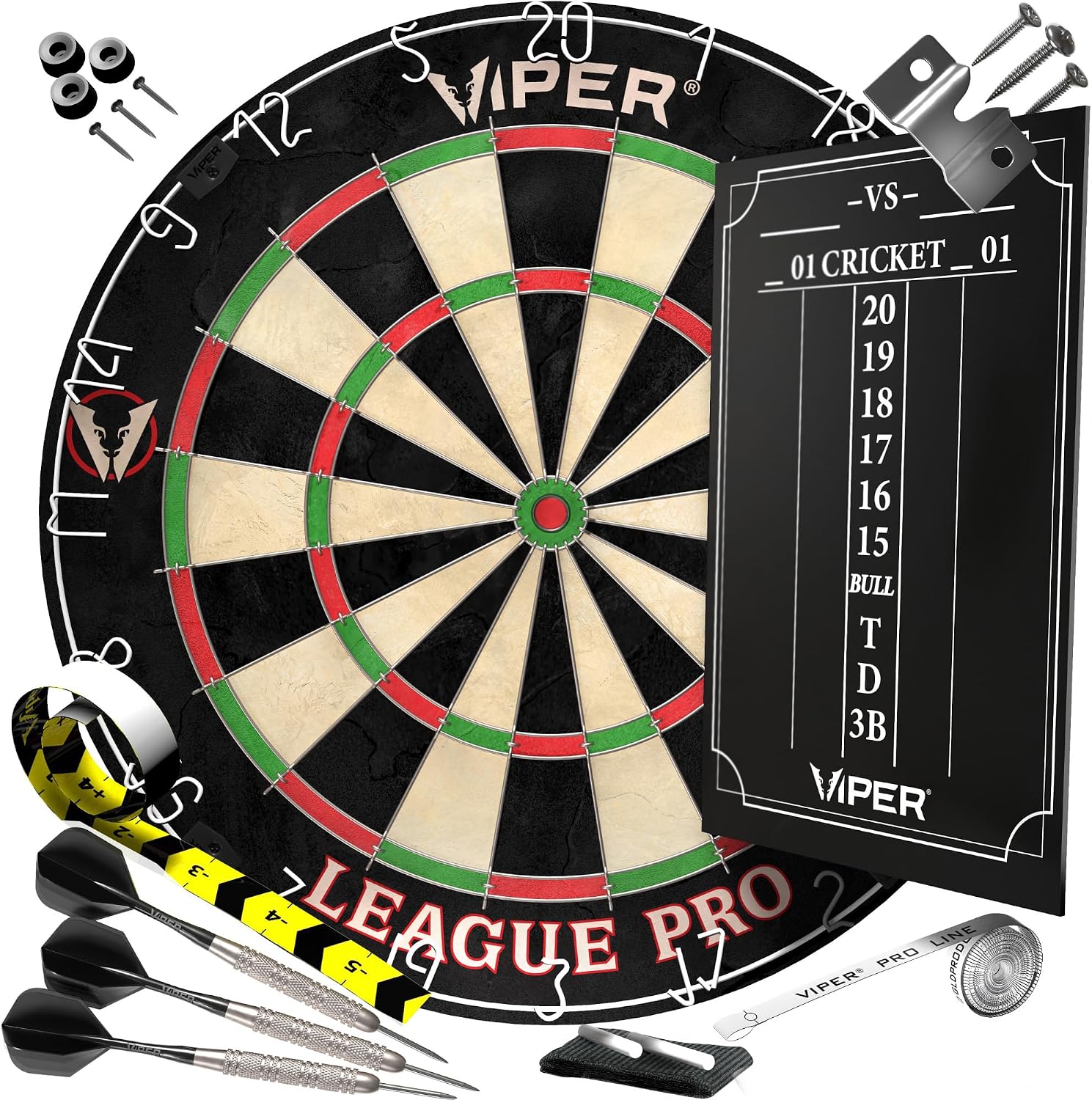 Viper League Pro Regulation Bristle Steel Tip Dartboard Starter Set with Staple-Free Bullseye, Radial Spider Wire