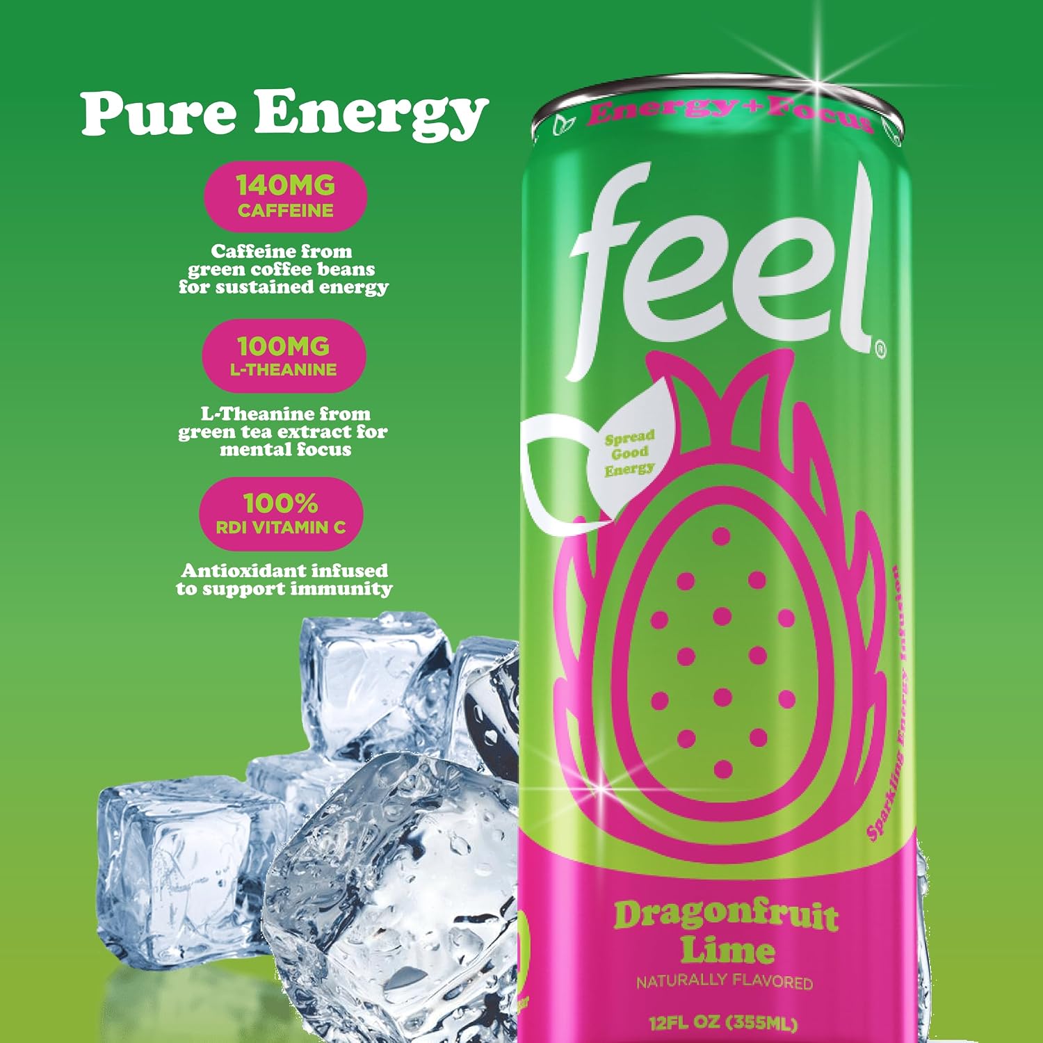 FEEL Variety Pack – Zero Sugar Sparkling Energy Drink – 3 Flavor Assortment, 140mg Plant-Based Caffeine from Green Coffee Beans + L-Theanine – Vitamin C, Vegan, Non-GMO – 12 Pack (12 Fl Oz Cans)