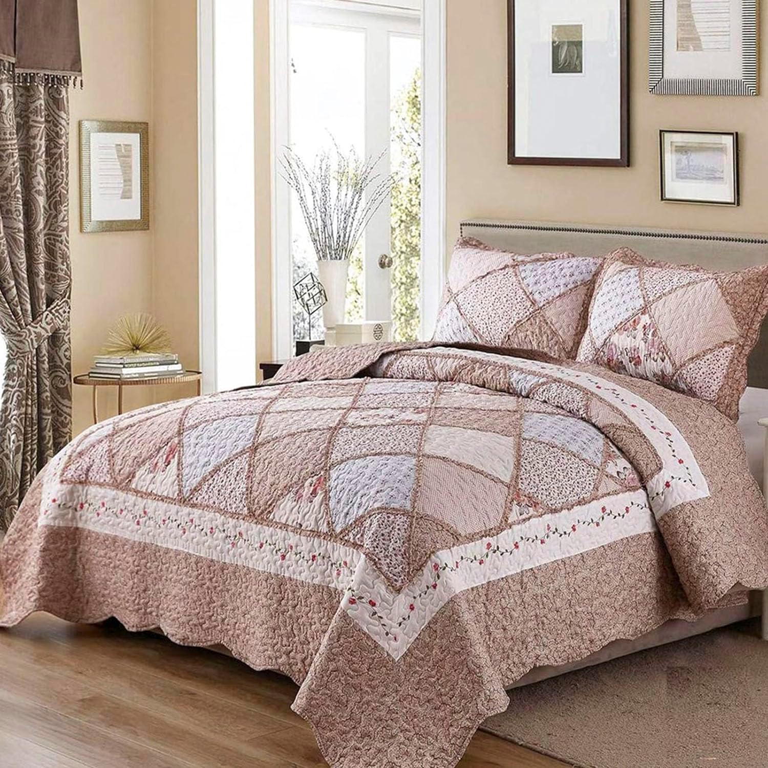 VIVILINEN Blue Floral Patchwork Quilt Set, Full Queen Size, 3 Piece Bedding Set with 2 Pillowcases