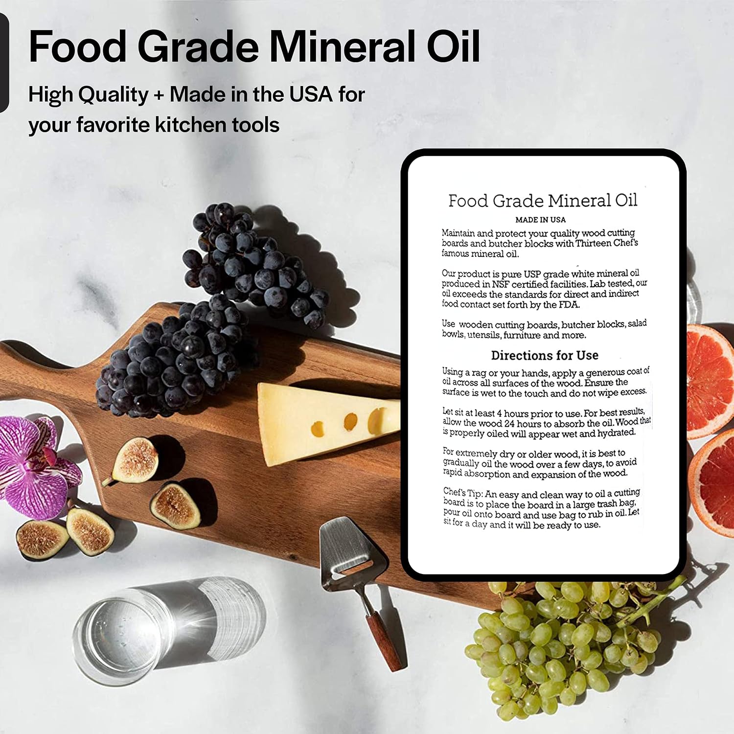 Thirteen Chefs Mineral Oil - 12oz Food Grade Conditioner for Wood Cutting Board, Countertop & Butcher Block, Lubricant for Knife or Meat Grinder - Safe USP Finish on Marble, Soapstone