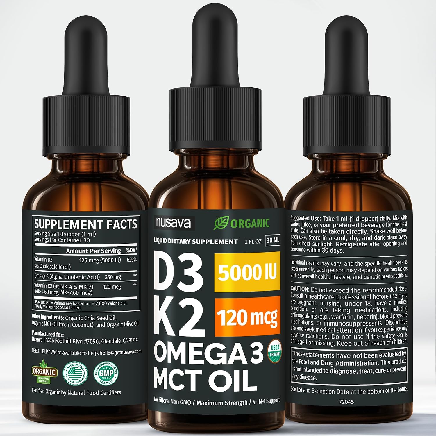 Nusava Organic Vitamin D3 K2 Drops with MCT Oil, Unflavored, Pack of 2